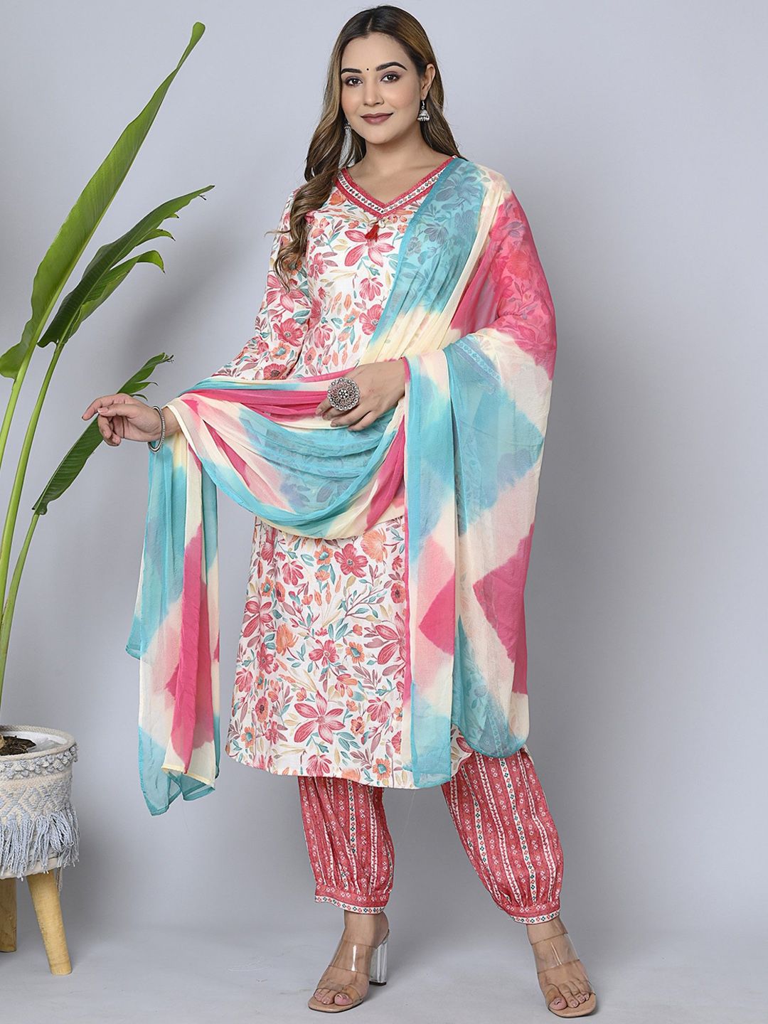 Oash Floral Printed V-Neck Sequinned Straight Kurta With Harem Pants & Dupatta