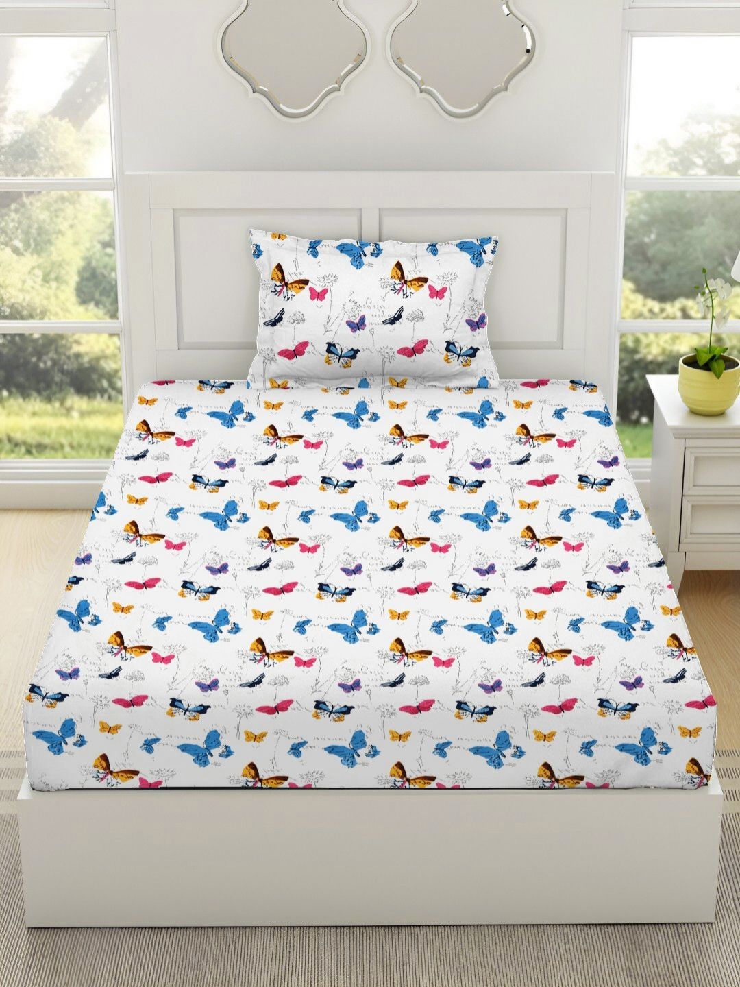 Aura White & Blue Floral Printed 144 TC Microfiber Single Bedsheet Set 1.52 m x 2.28 m-image-38