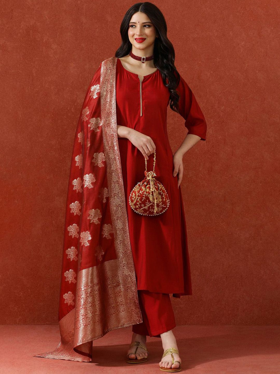 QSH Festive Solid A-Line Kurta & Trousers With Dupatta