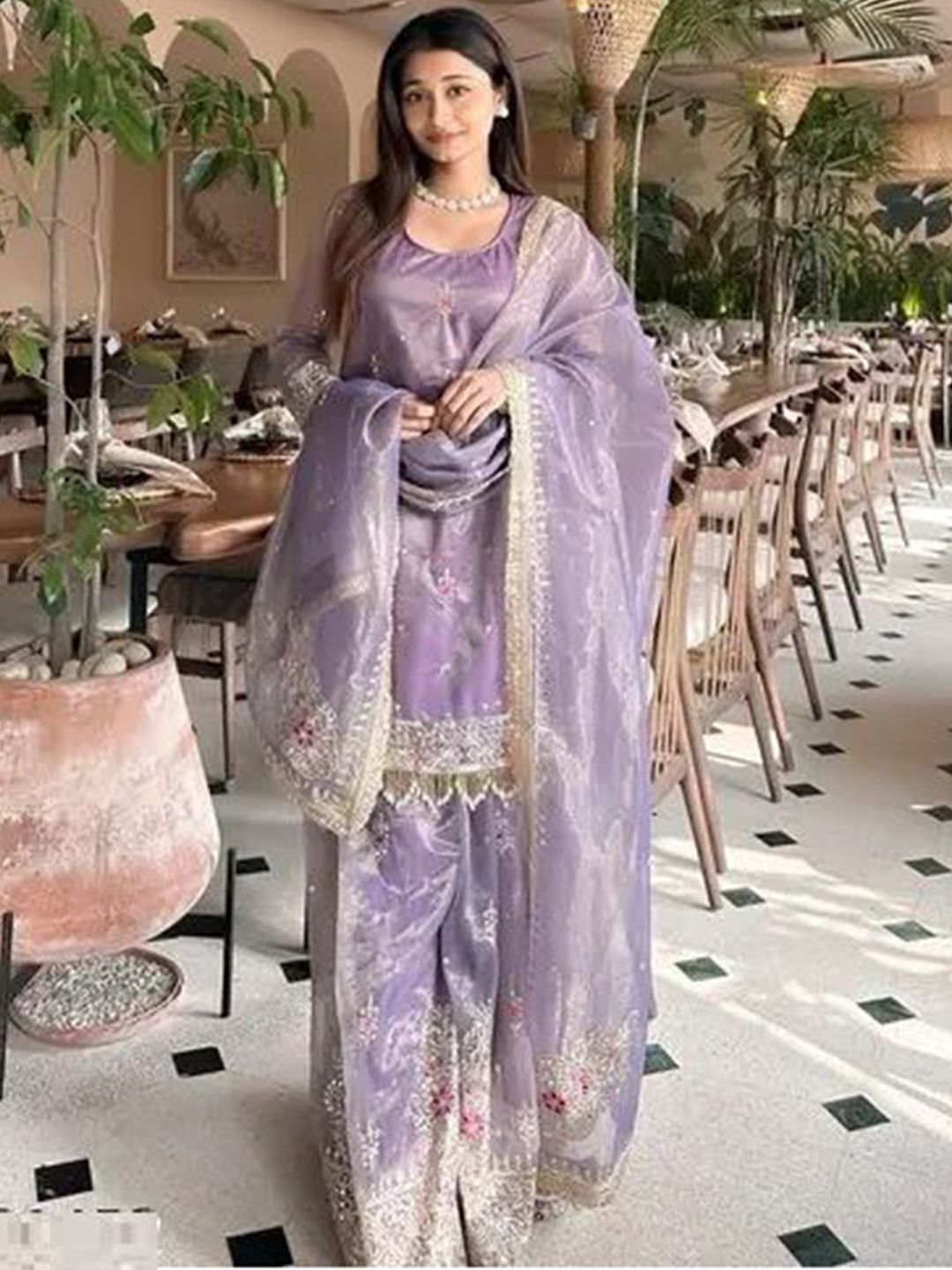 AKSHARAM Women Floral Embroidered Regular Sequinned Kurta with Sharara & With Dupatta