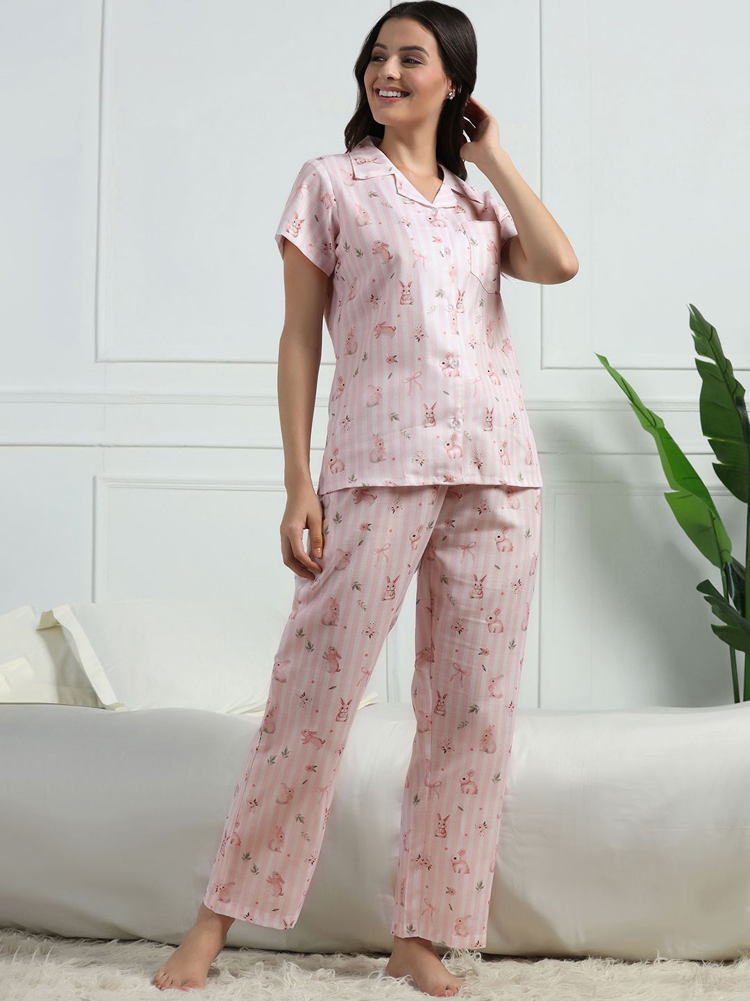 House of Comfort Women Pink Bunny Printed Shirt & Pyjamas Night suit-image-24