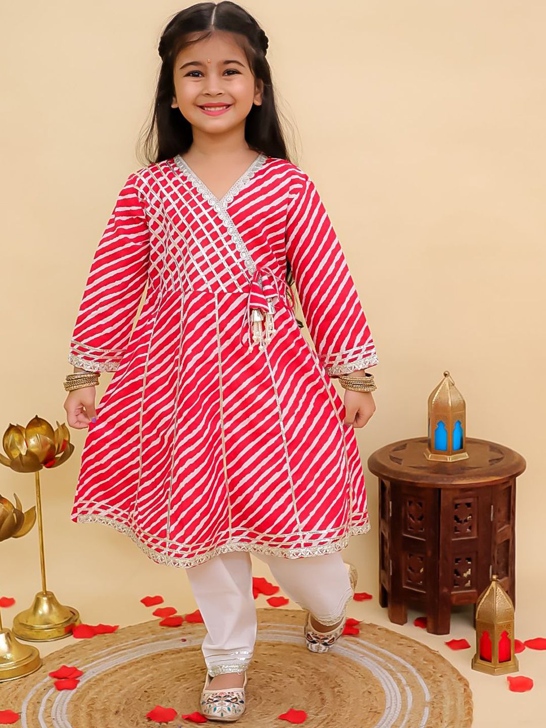 Aj DEZInES Girls Leheriya Printed Regular Gotta Patti Pure Cotton Kurta with Trousers-picture-39