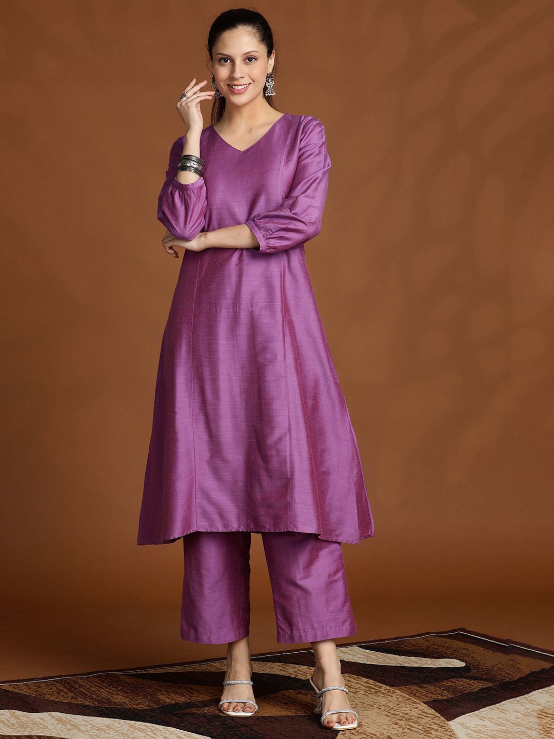 Anouk Women V-Neck Panelled Kurta with Palazzos