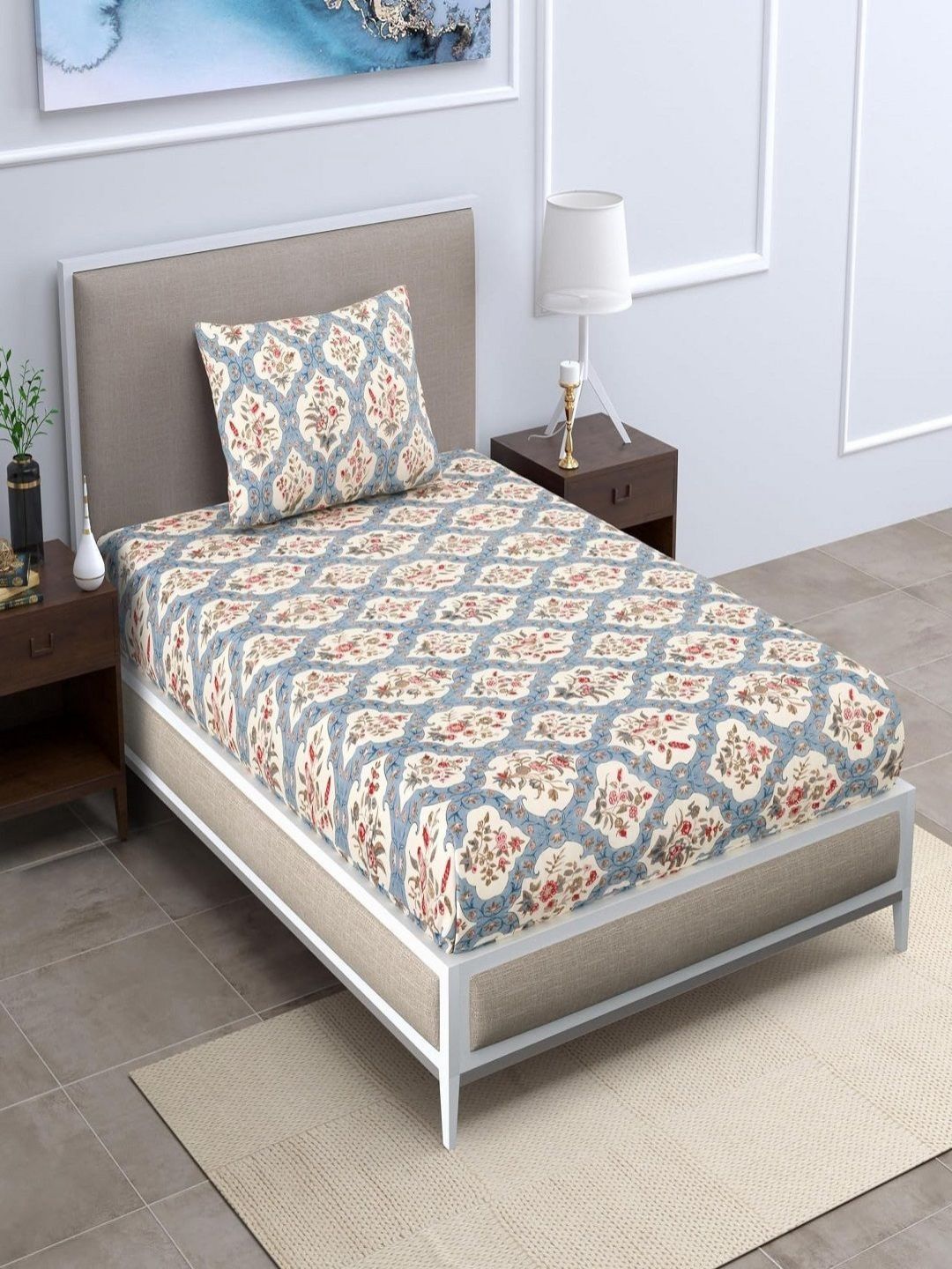 Aura Beige & Blue Floral Printed 144 TC Microfiber Single Bedsheet Set 1.52 m x 2.28 m-image-38