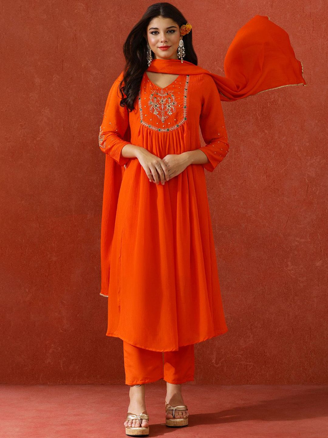 QSH Embroidered A-Line Solid Festive Kurta & Trousers With Dupatta