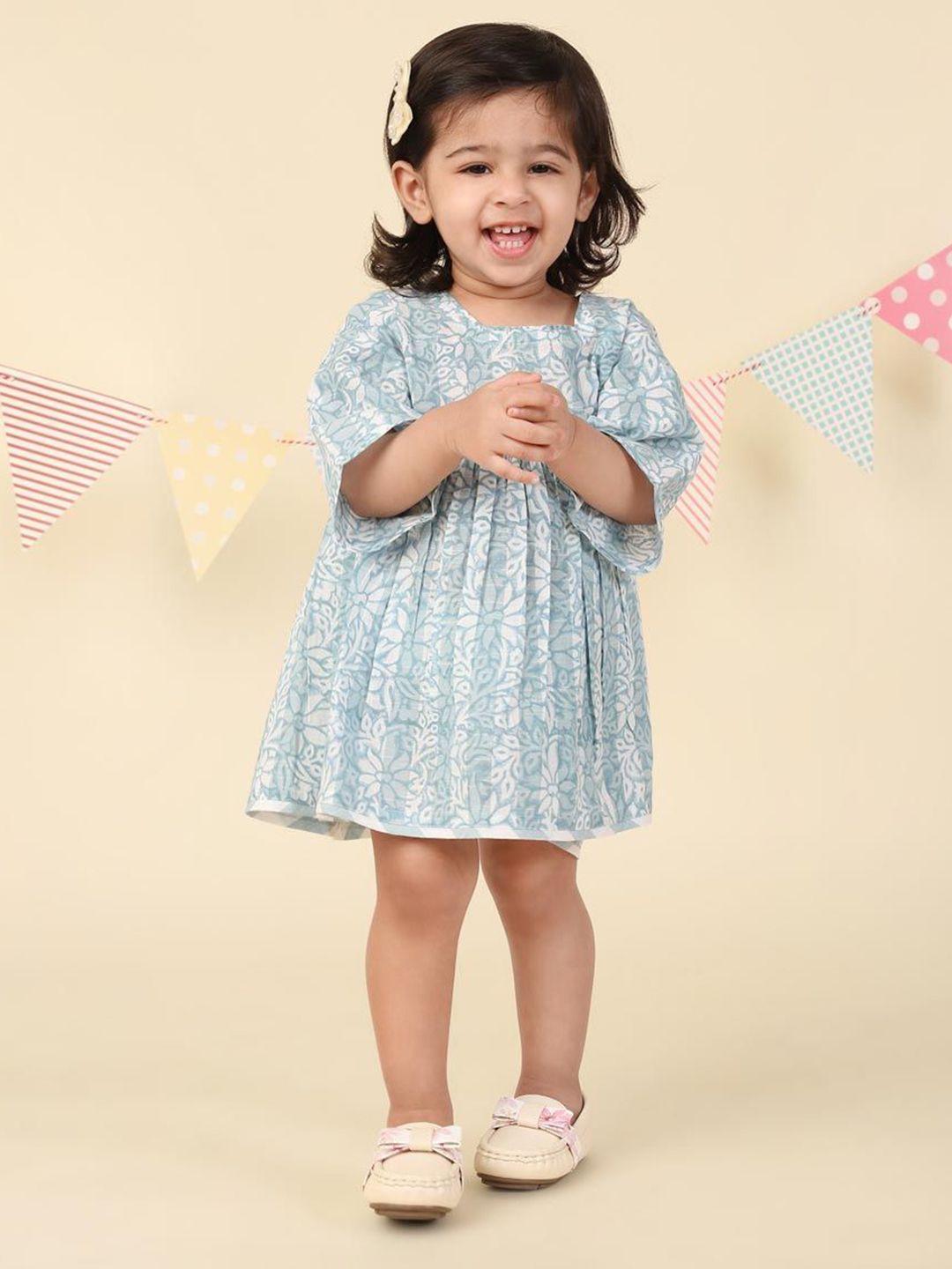 Fabindia Girls Ethnic Motifs Printed Square Neck Flared Sleeve Fit & Flare Dress-picture-13