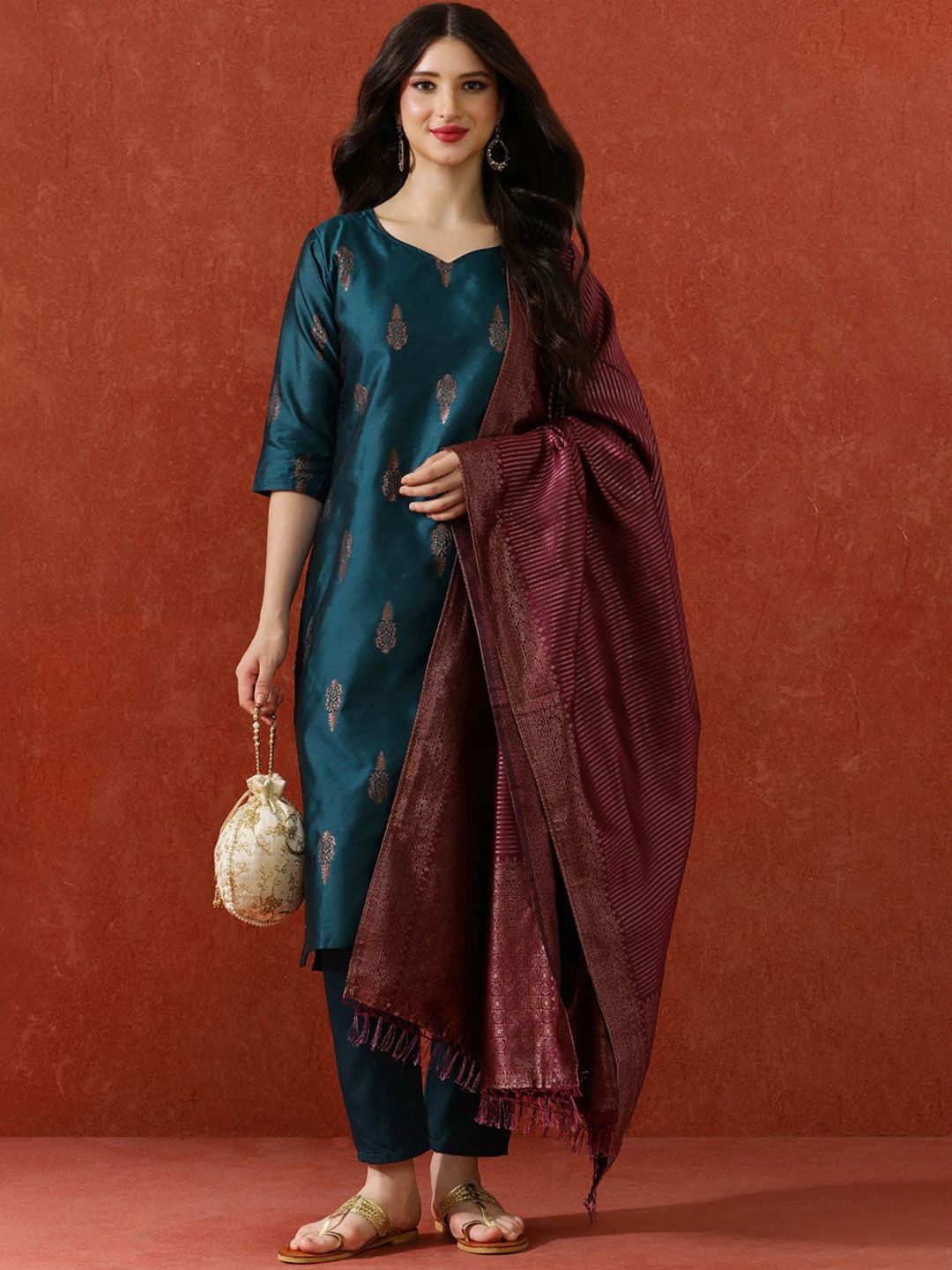 QSH Woven Design A-Line Solid Festive Kurta & Trousers With Dupatta