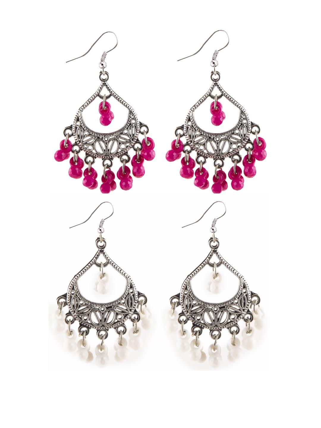 Creative Frogs Set of 2 Silver Plated Pink & White Beaded Drop Earrings-picture-26