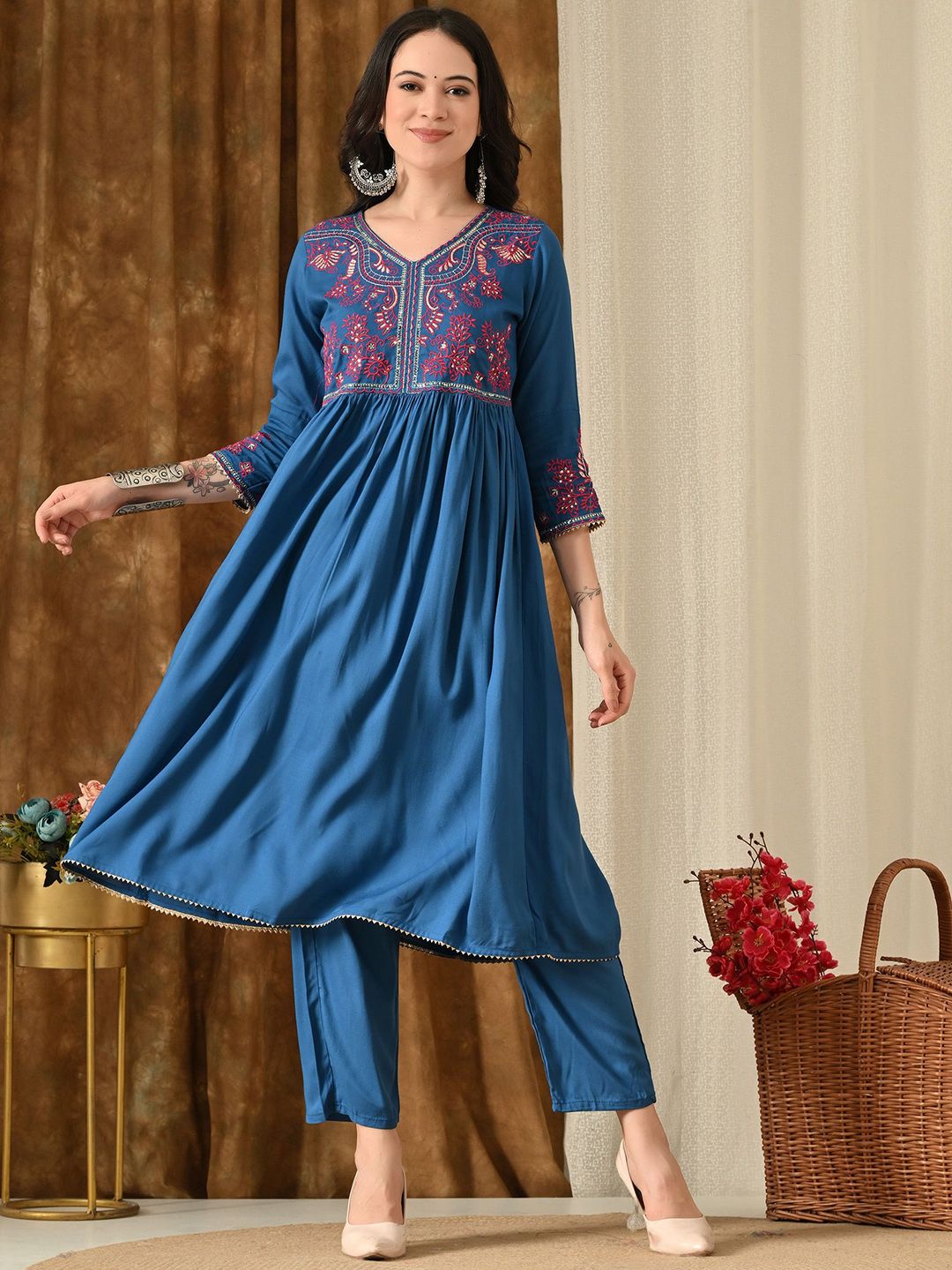 KAMODIAZ Embroidered V-Neck Straight Kurta with Trousers And Dupatta