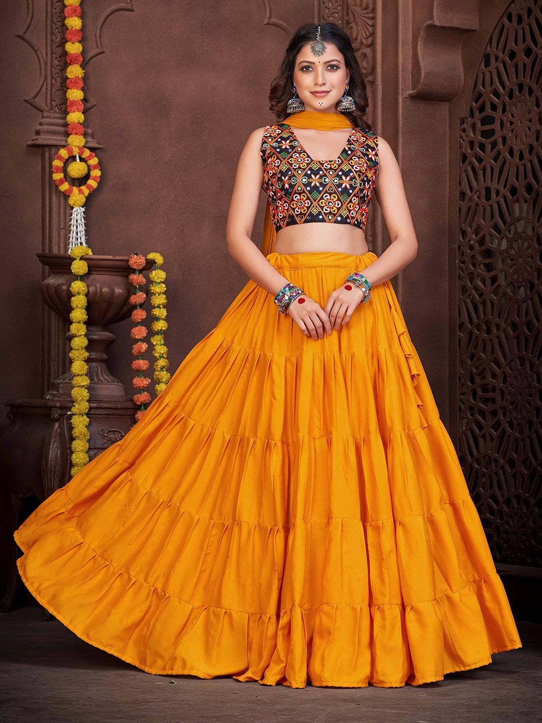 KALINI Embroidered Thread Work Semi-Stitched Lehenga & Unstitched Blouse With Dupatta