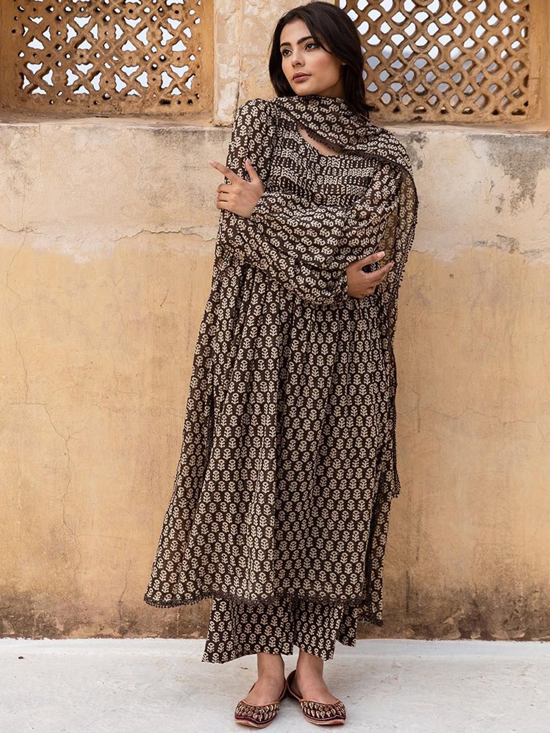 GoSriKi Women Ethnic Motifs Printed A-Line Kurta with Palazzo & Dupatta