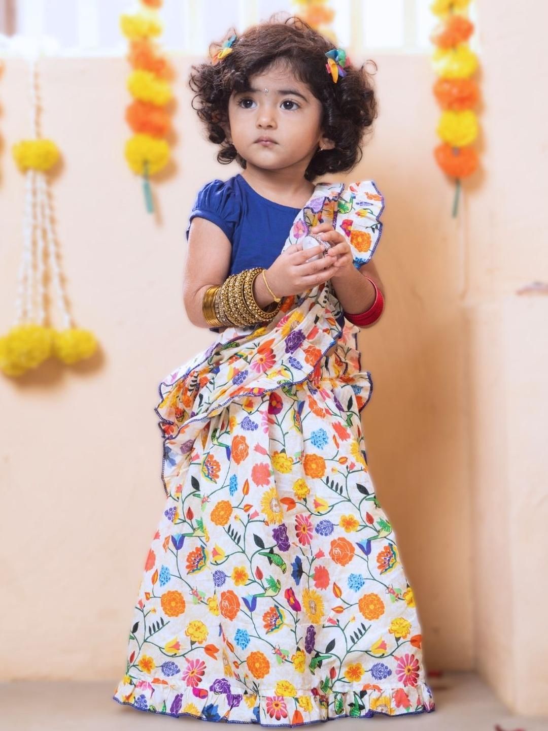 Tura Turi Girls Floral Printed Ready To Wear Pure Cotton Saree-picture-16