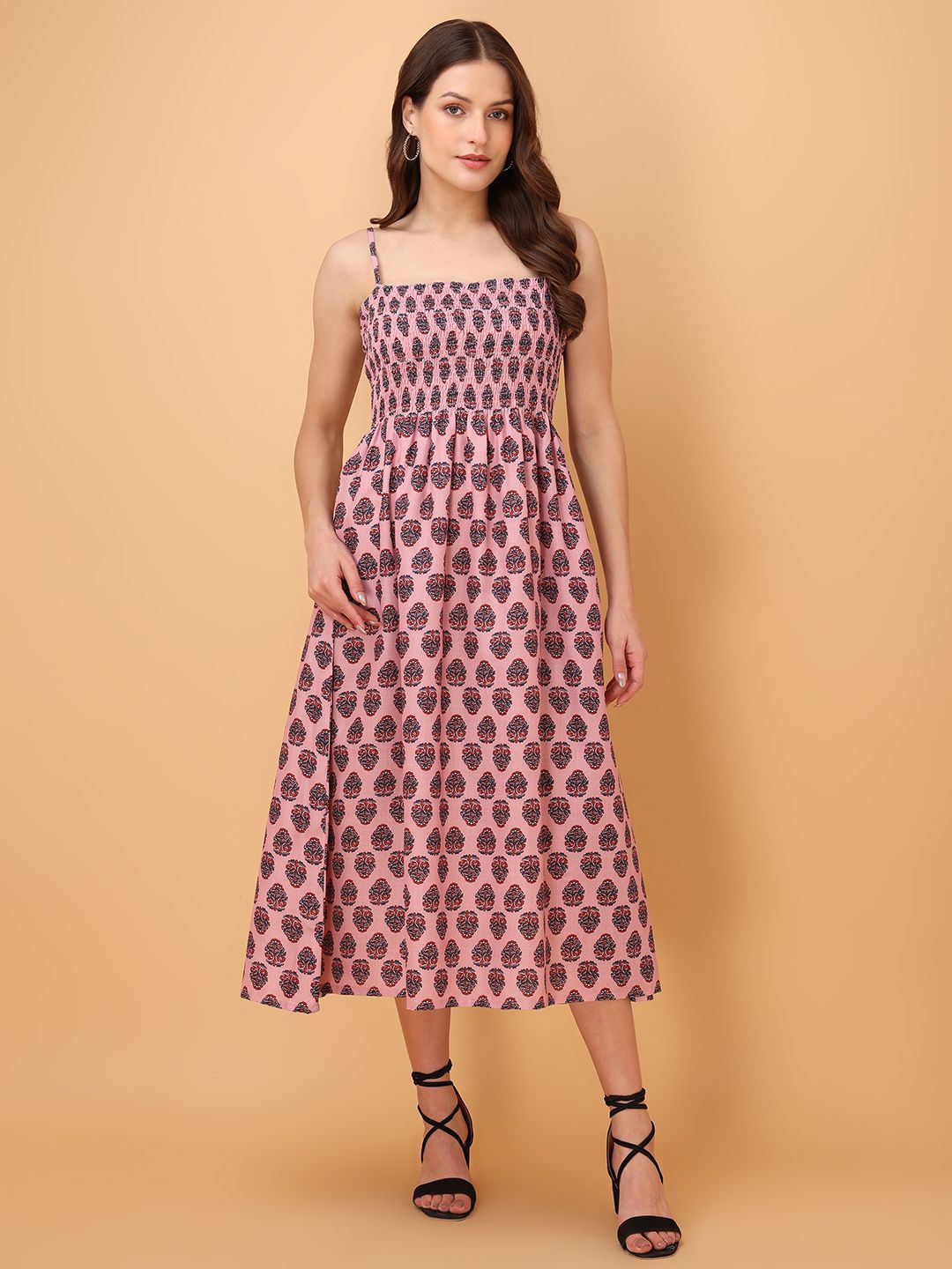 OBSHIVKA Women Floral Printed Shoulder Straps Smocked Deatails Fit & Flare Midi Dress-image-29