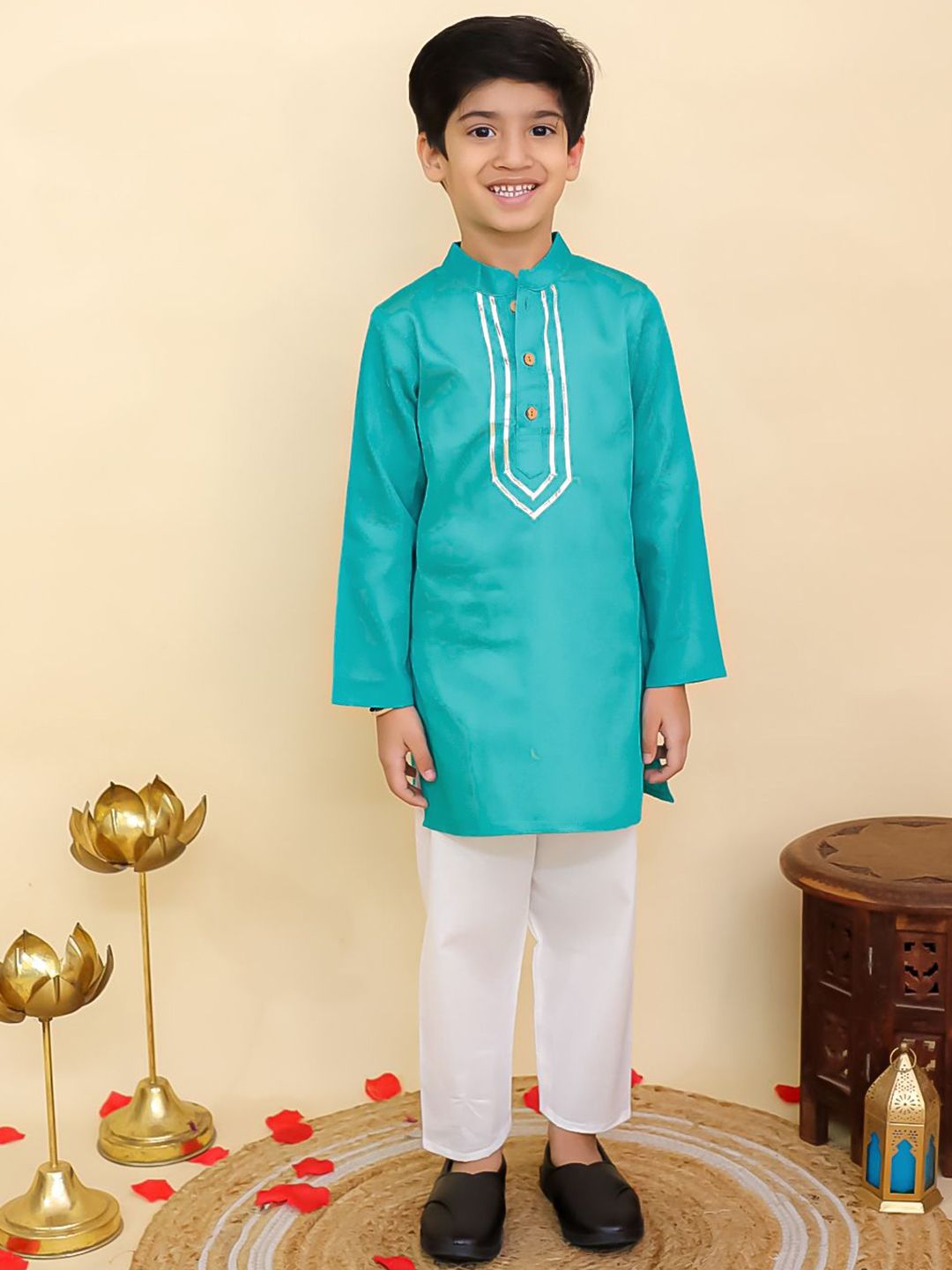 Aj DEZInES Boys Geometric Yoke Design Gotta Patti Pure Cotton Kurta With Pyjama-picture-30