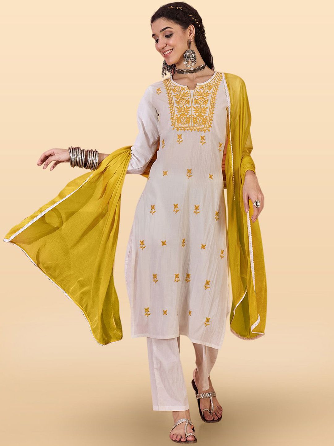 Anouk Rustic Floral Embroidered Notch Neck Straight Kurta With Trousers & Dupatta