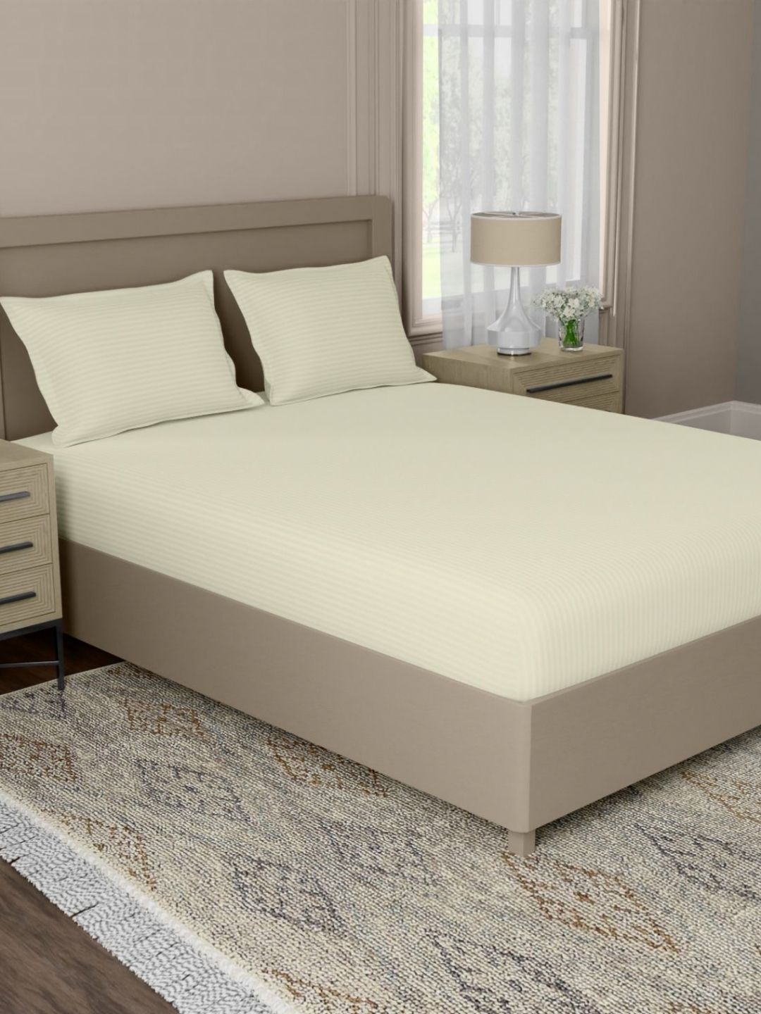 home expressions Symphony Beige Striped Cotton Super King Bedsheet Set 2.95 m X 3.05 m-picture-13