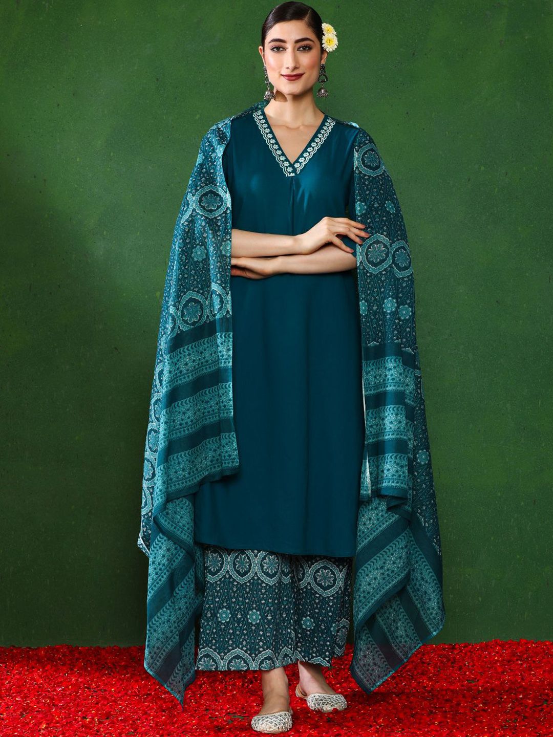 Jaipur Kurti Floral Yoke Design Thread Work Straight Kurta With Palazzos & Dupatta