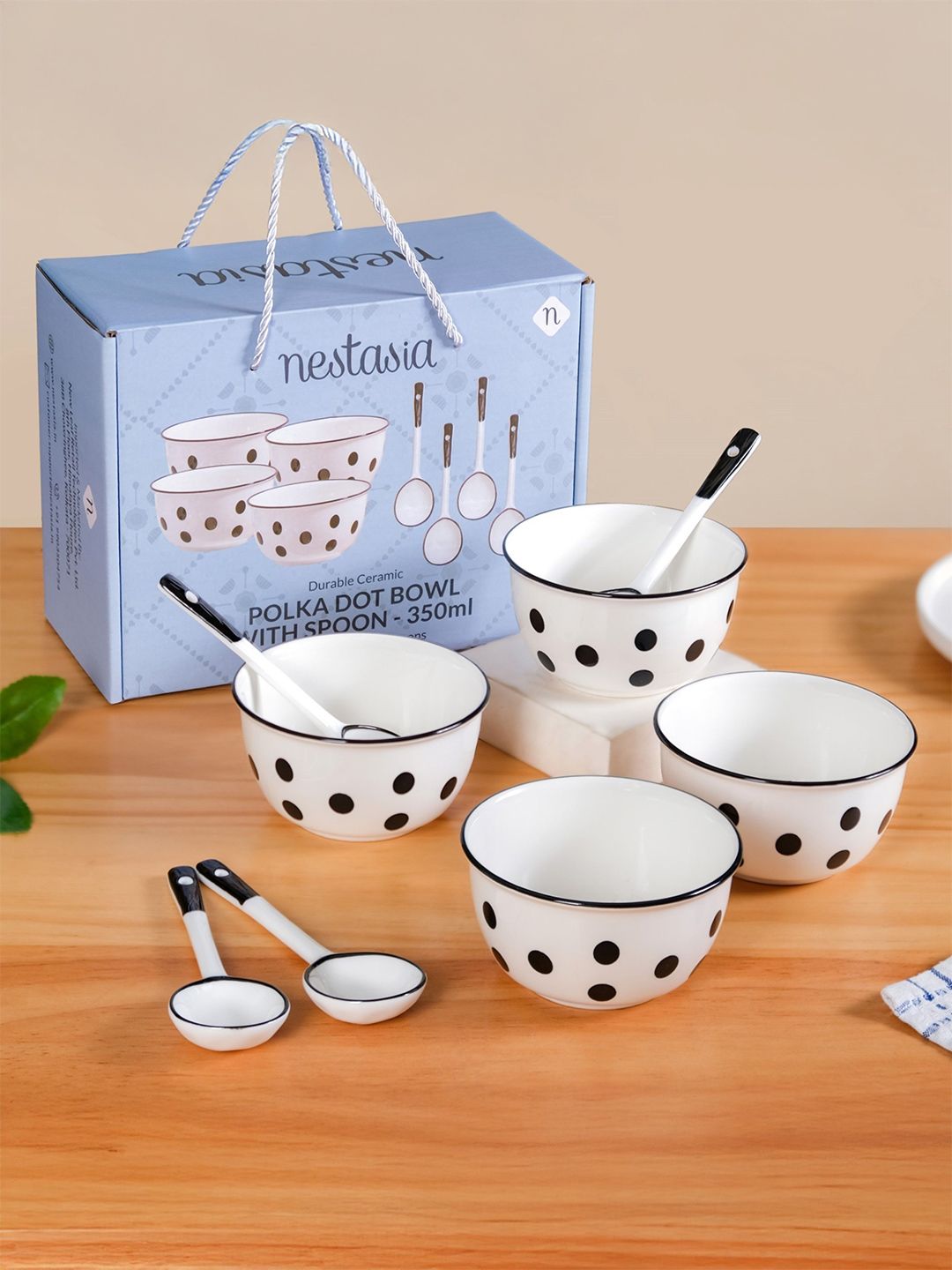 Nestasia White & Black 8 Pieces Polka Dot Ceramic Soup Bowl With Spoon-350 ml Each-image-5