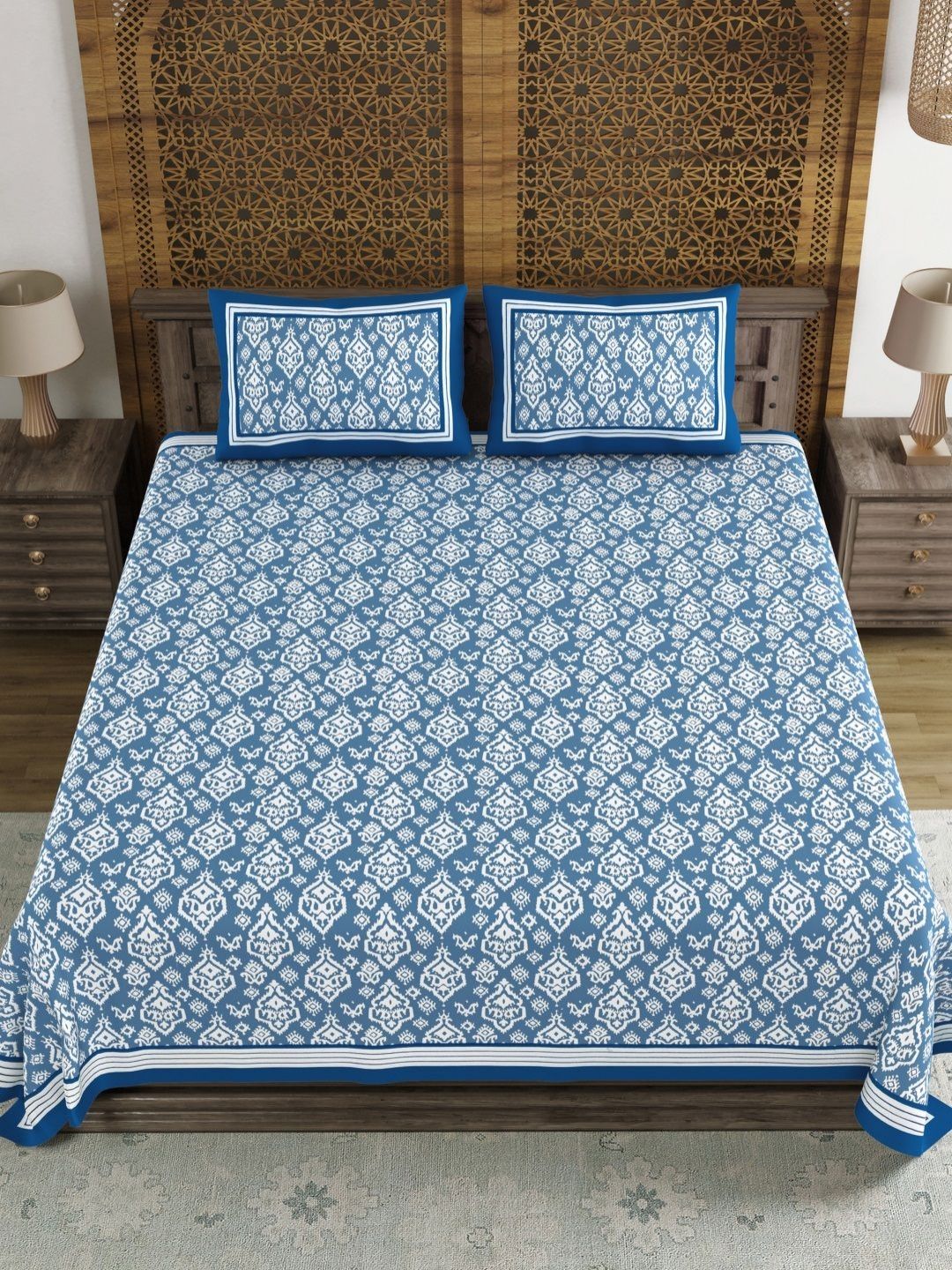 Sangria Blue & White Printed 210 TC Bedsheet With 2 Pillow Covers- 2.7 m x 2.7 m-picture-54