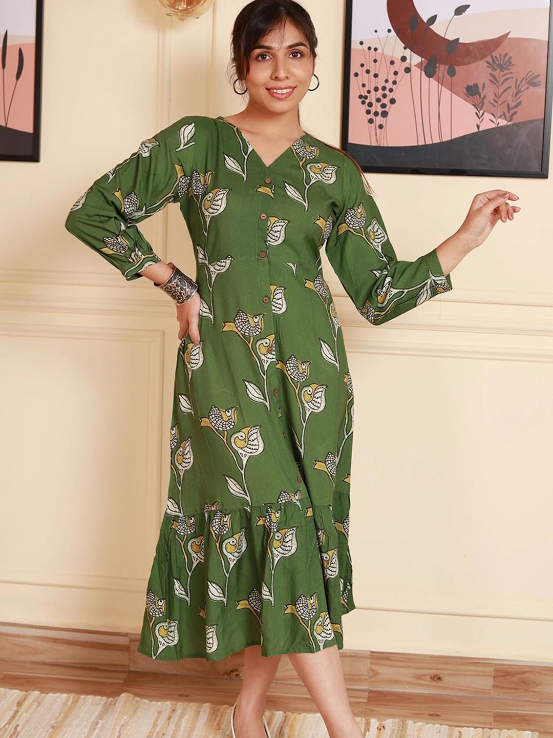 NEED APPARELS Women Ethnic Motifs Printed V-Neck Cotton A-Line Midi Dress