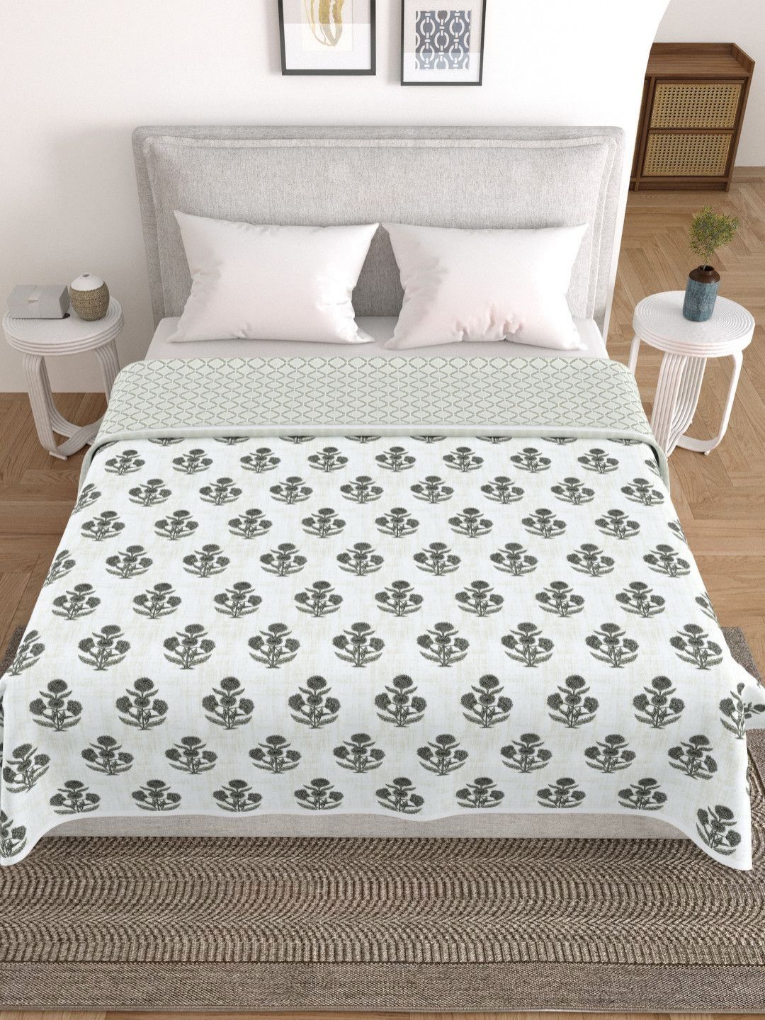 HOME AFFAIRS White & Green Ethnic Motifs Printed AC Room 210 GSM Cotton Double Bed Dohar-image-49