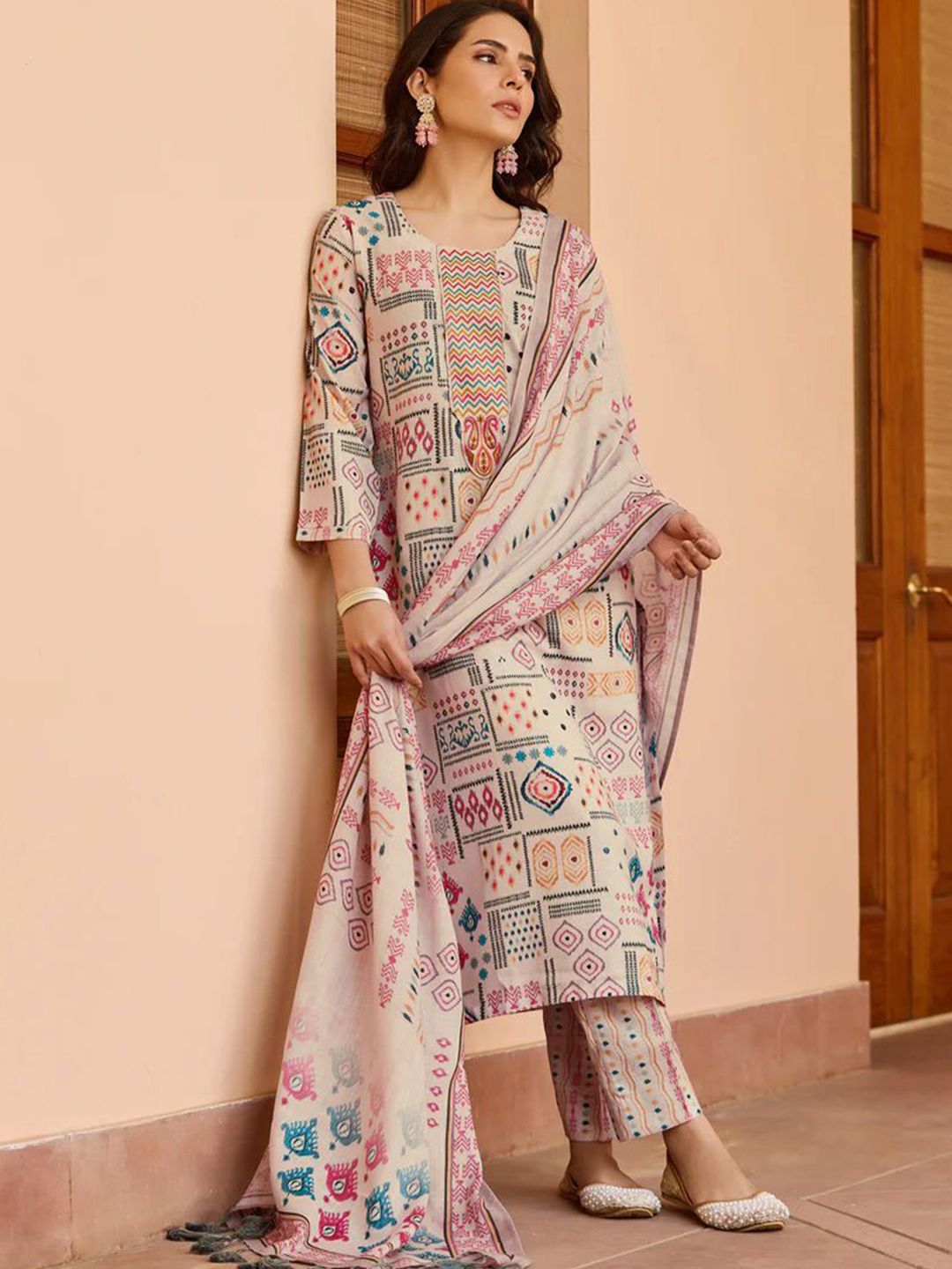 VKOM'S Ethnic Motifs Printed Pure Cotton Kurta with Palazzo and Dupatta