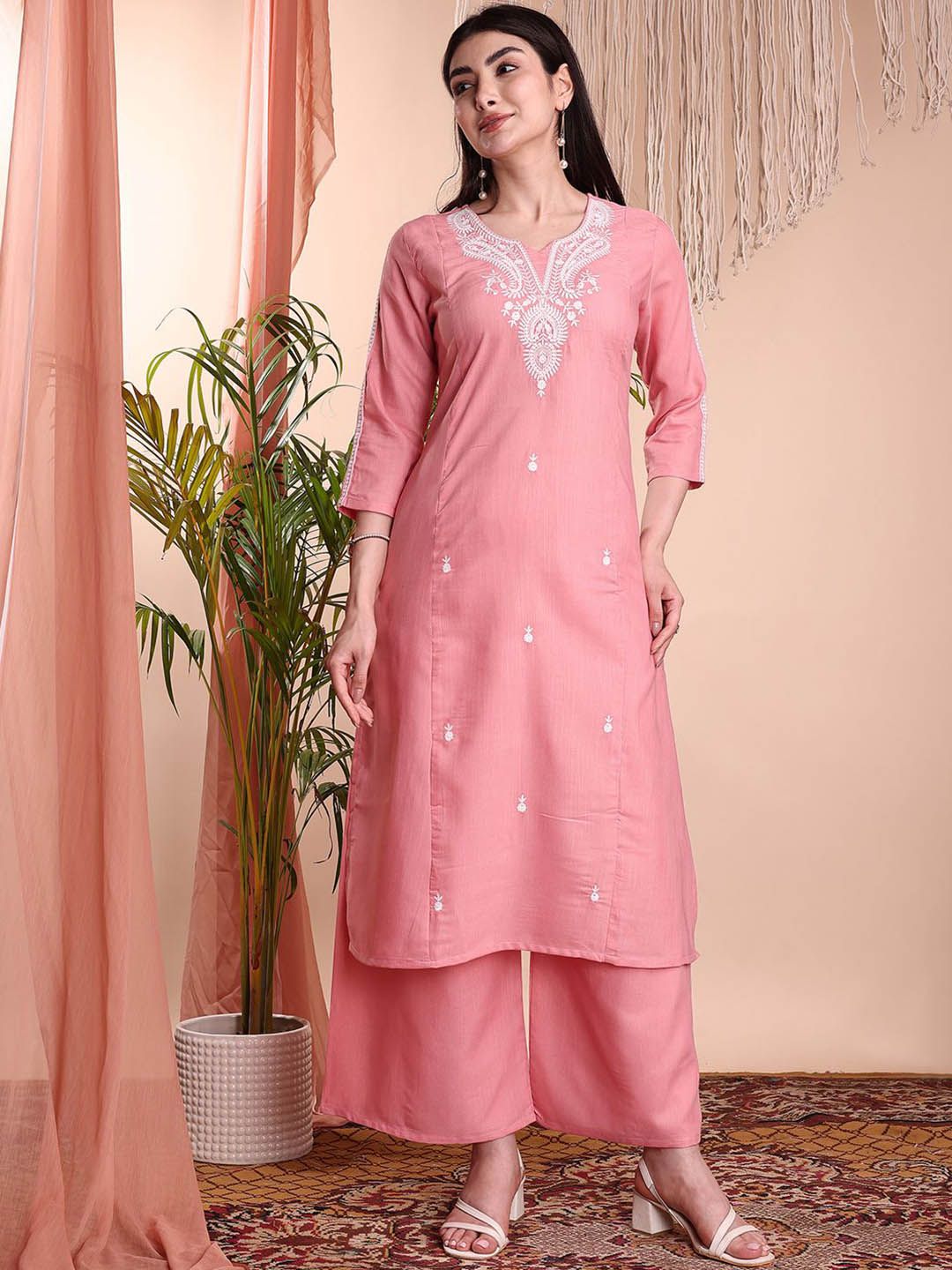 Milastru Floral Embroidered Notch Neck Chikankari Straight Kurta With Palazzos-image-1