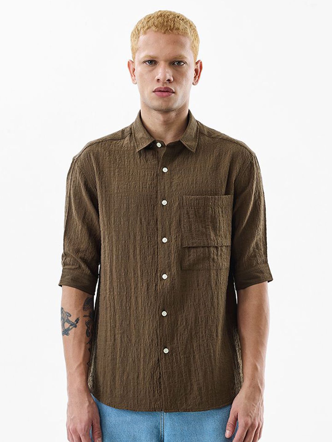 Snitch Men Textured Spread Collar Casual Shirt-picture-20