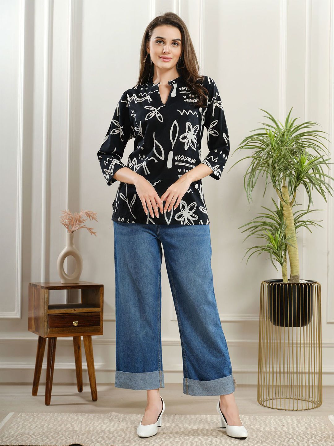 NIGHT FLOSS Women Floral Print Mandarin Collar Cotton Top-picture-35