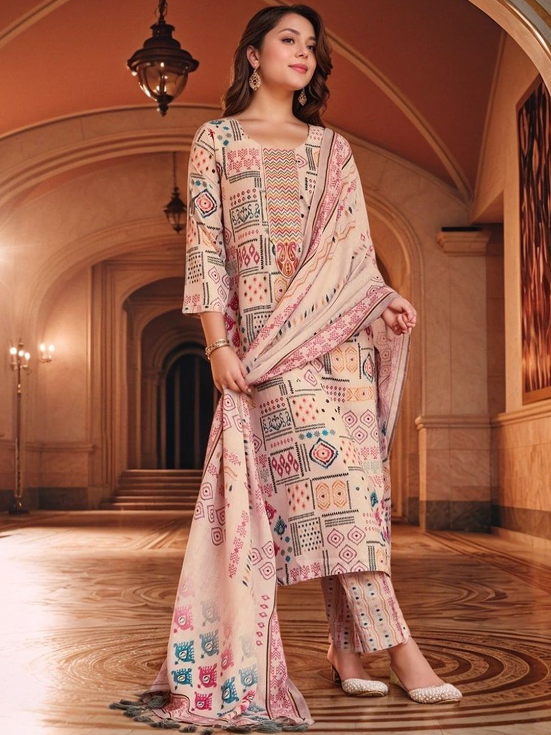 Moda Rapido Ethnic Motifs Printed Pure Cotton Straight Kurta With Trousers & Dupatta