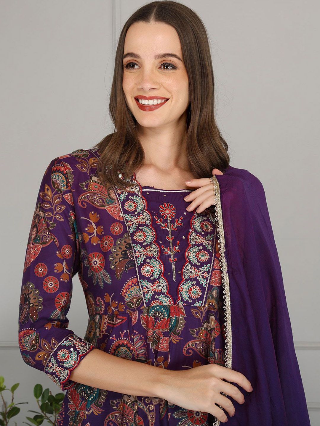 Anouk Floral Printed Thread Work Chanderi Silk A-Line Kurta With Trousers & Dupatta