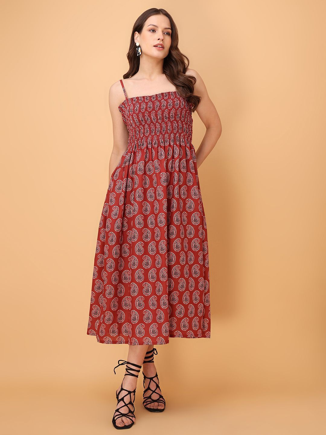 OBSHIVKA Fusion Chic Women Paisley Printed Smocked Shoulder Straps Fit & Flare Maxi Dress-image-3
