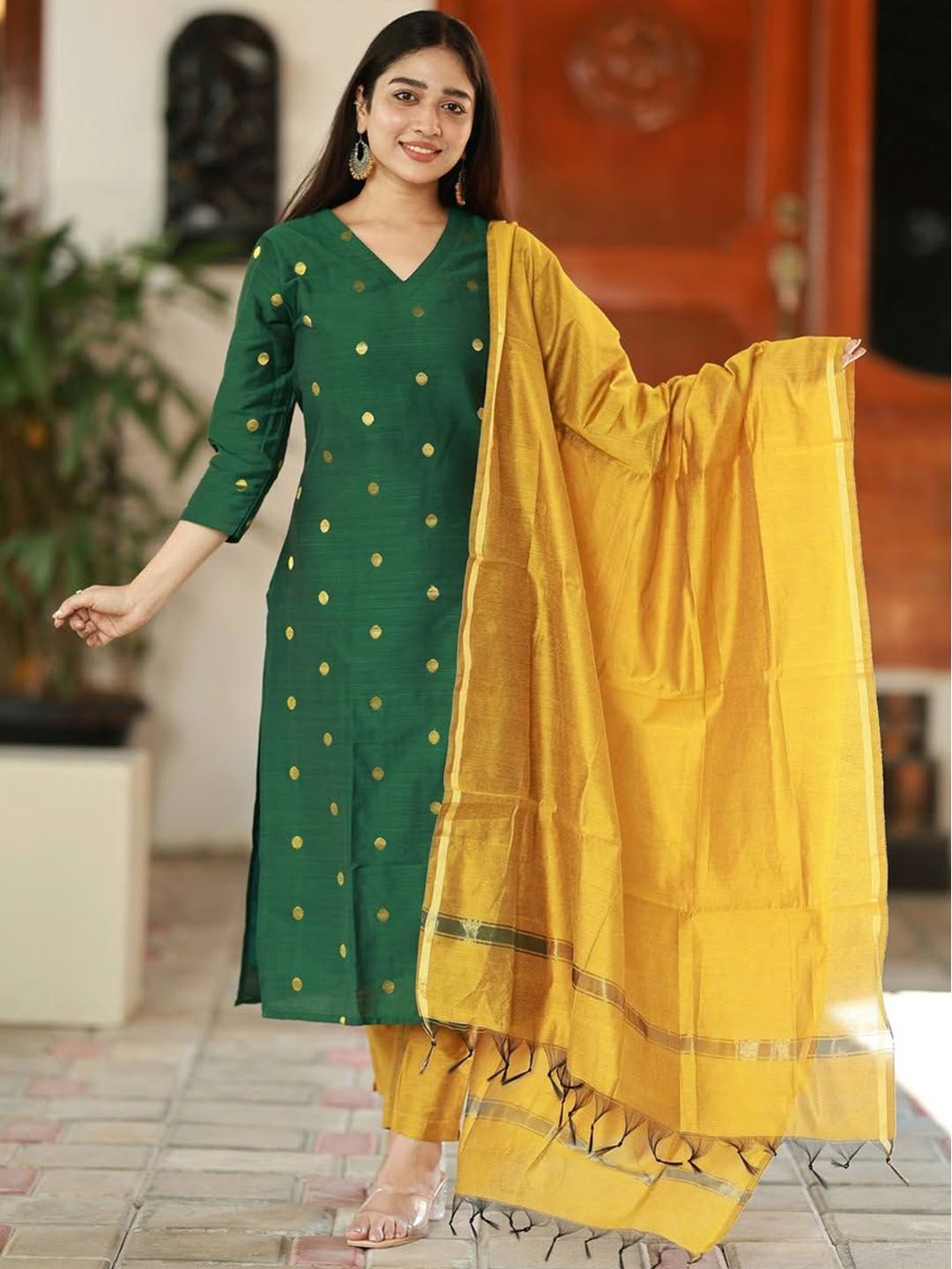 KALINI Woven Design V-Neck Straight Kurta With Trousers And Dupatta