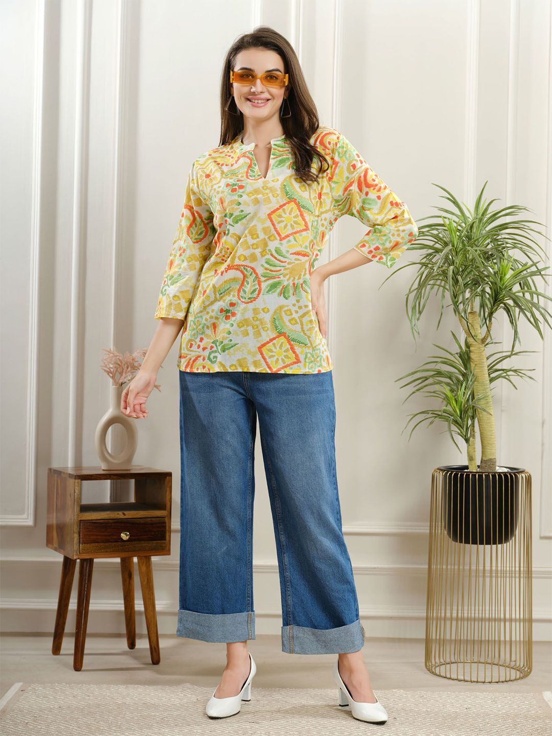 NIGHT FLOSS Women Abstract Print Round Neck Cotton Regular Top-picture-17