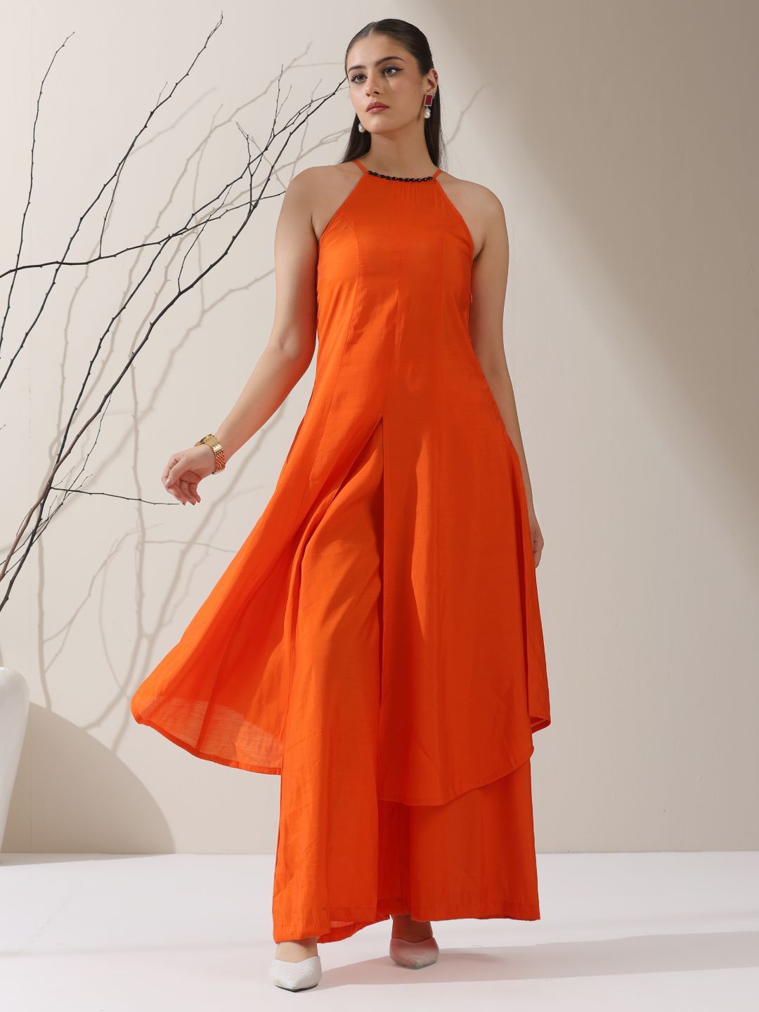 Swtantra Halter Neck Beads And Stones A-Line Kurta With Palazzo