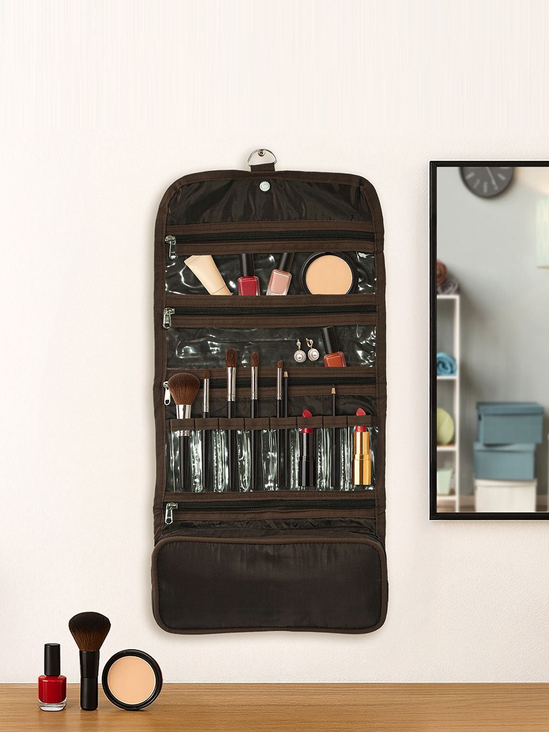 Kuber Industries Brown Parachute Hanging Makeup Kit with Snap Button Organiser-image-41