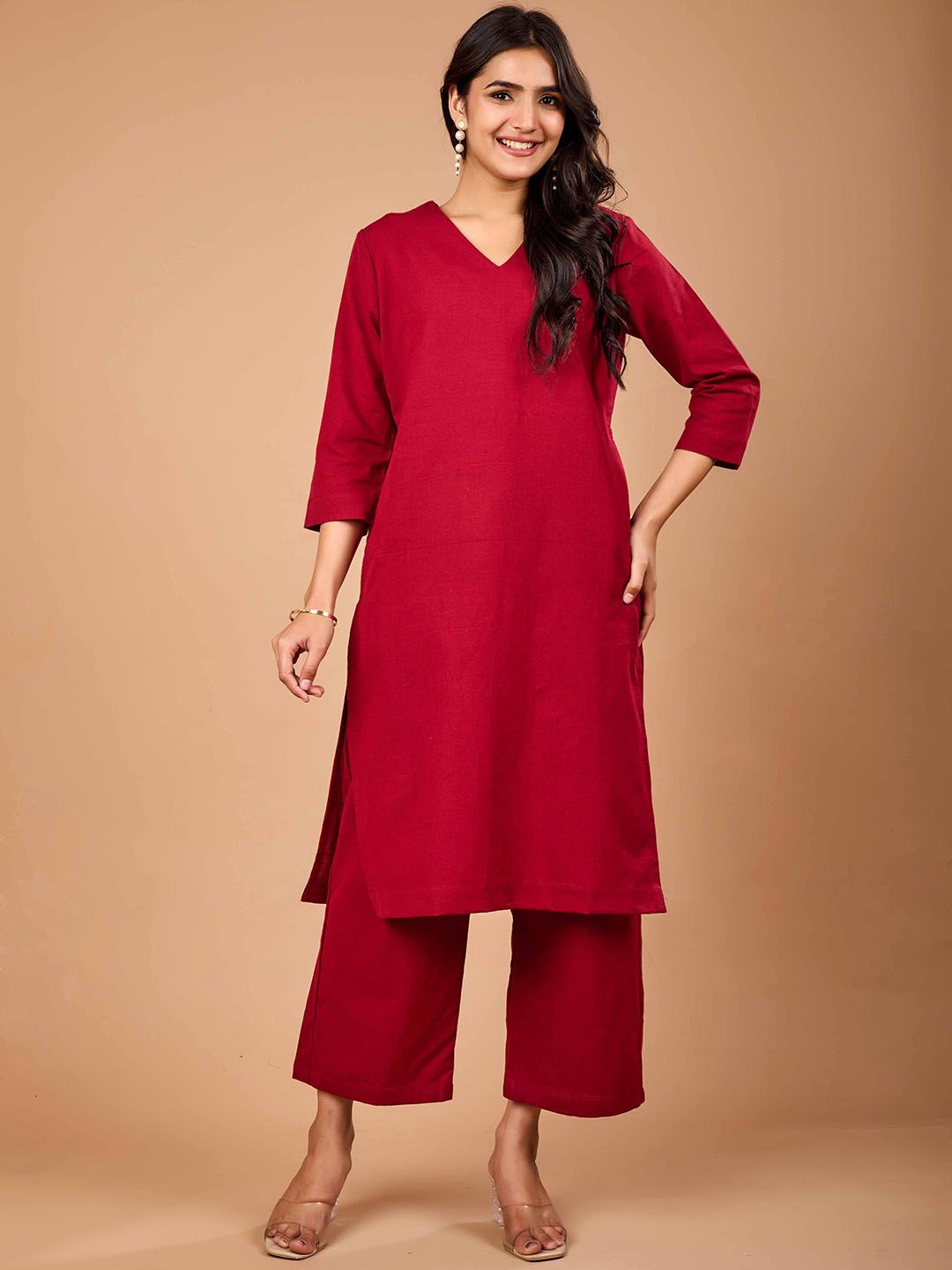 NAMA'S V-Neck Pure Cotton Straight Kurta With Trousers