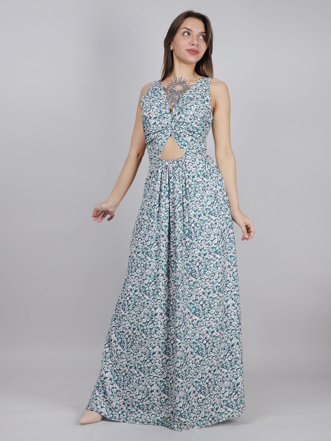 SWISHIN Women V-Neck Floral Print Cut-Outs Fit and Flare Maxi Dress