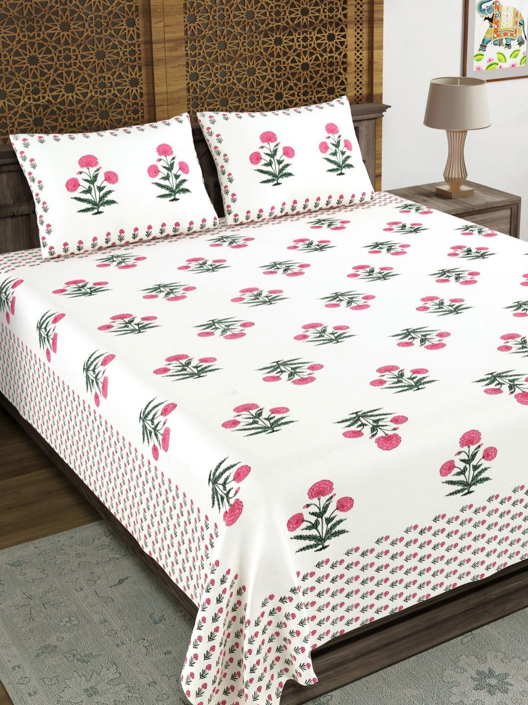 Sangria White & Pink Printed 210 TC Double Bedsheet With 2 Pillow Covers- 2.7 m x 2.2 m