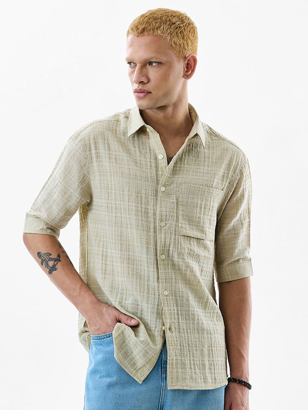 Snitch Men Textured Spread Collar Casual Shirt-picture-42