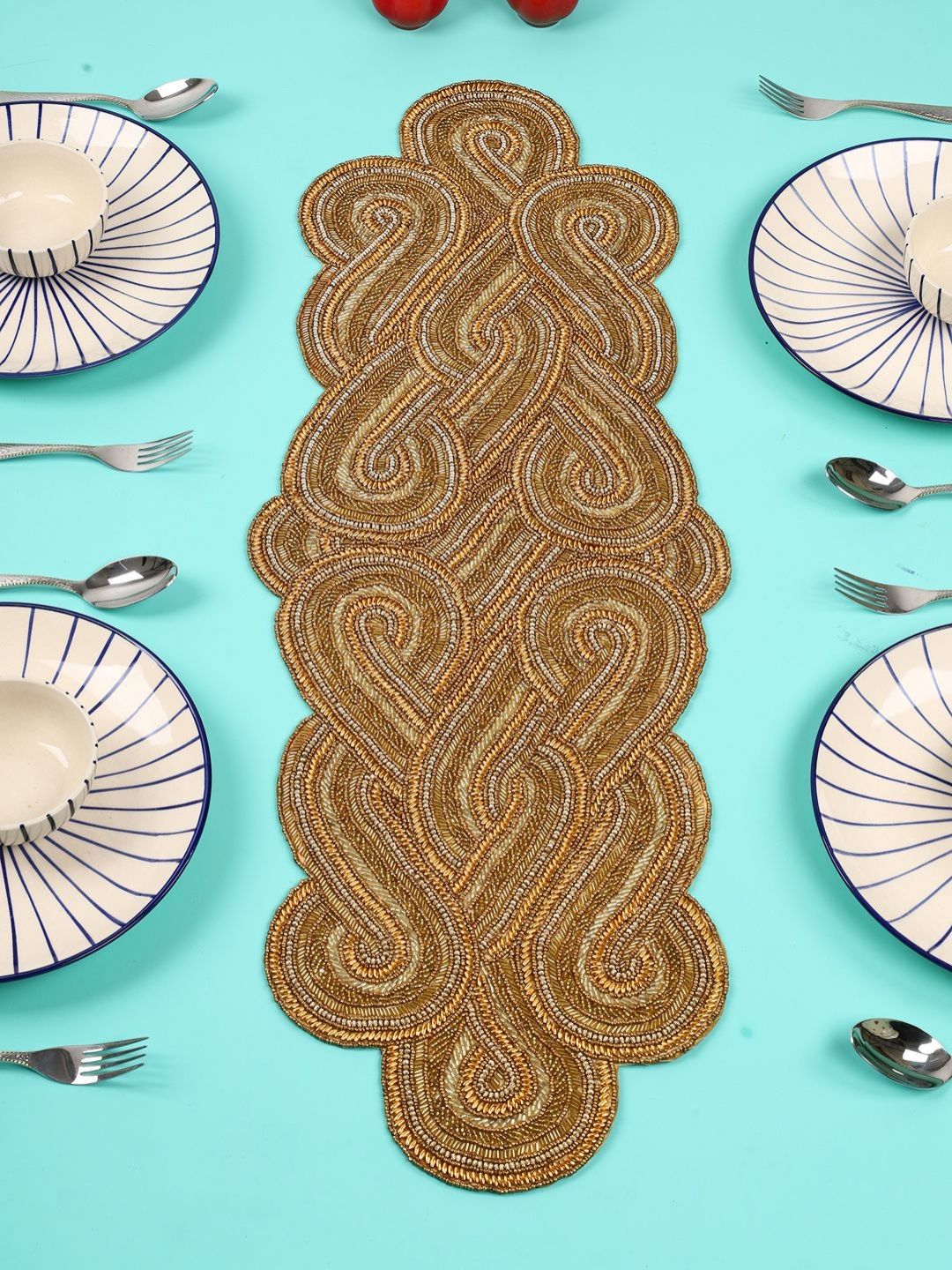 YWULY Brown Beads Embroidered Table Runner