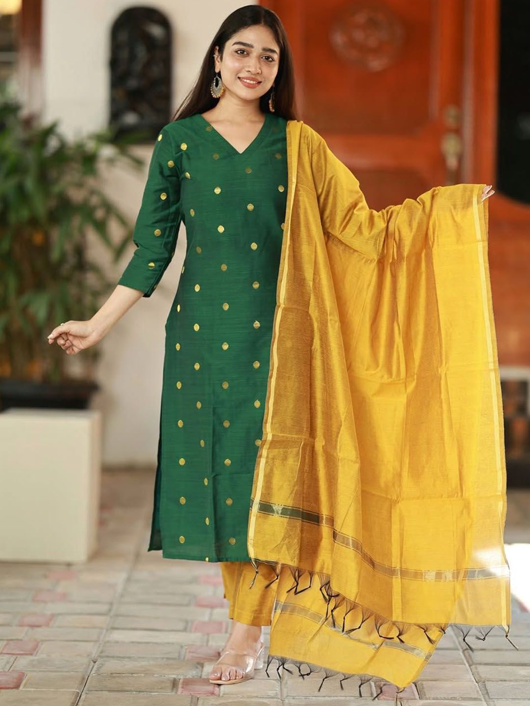 DIVASTRI Woven Design V-Neck Straight Kurta With Trouser & Dupatta
