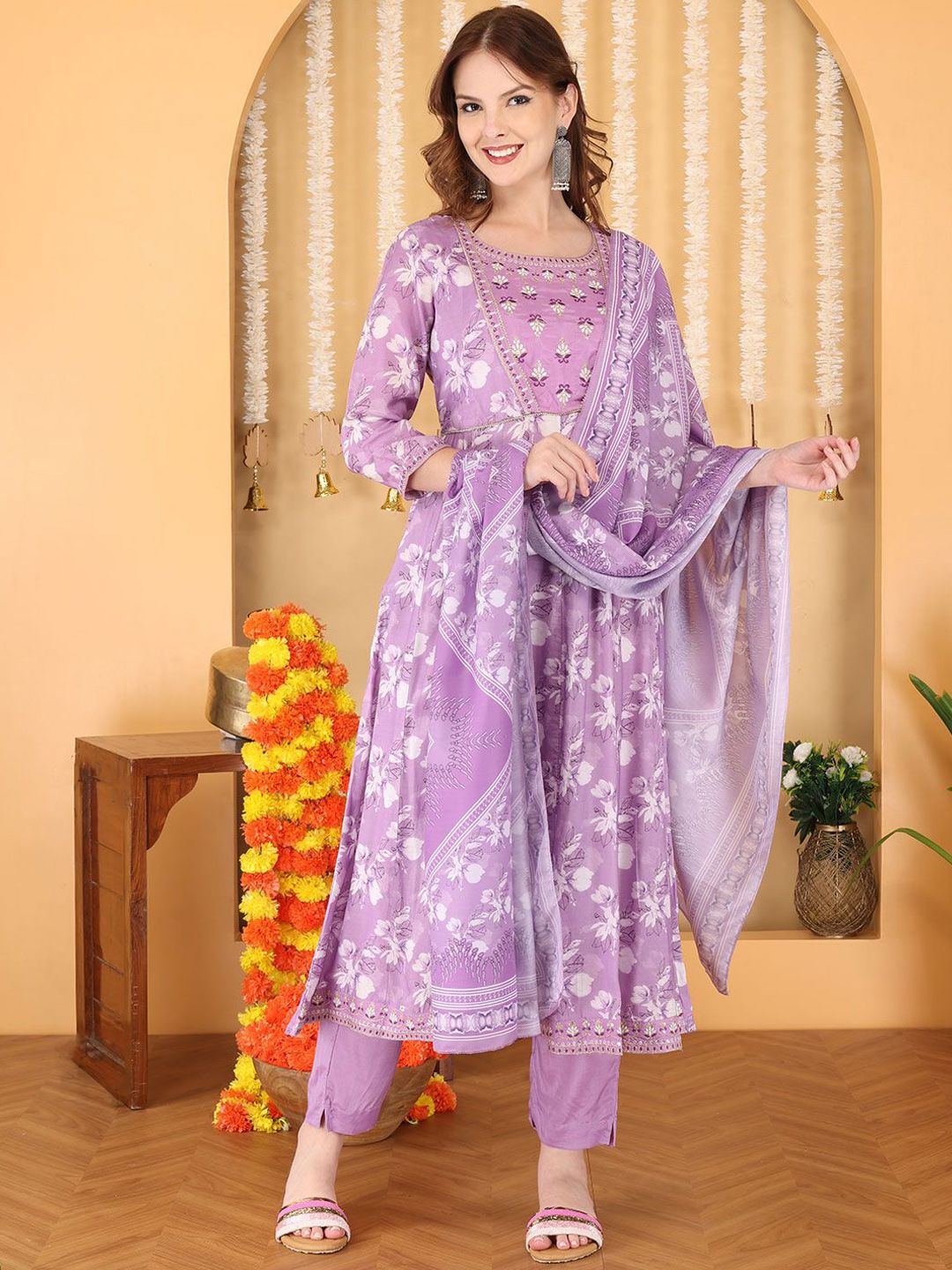 Anouk Women Floral Printed Anarkali Kurta with Trousers & Dupatta