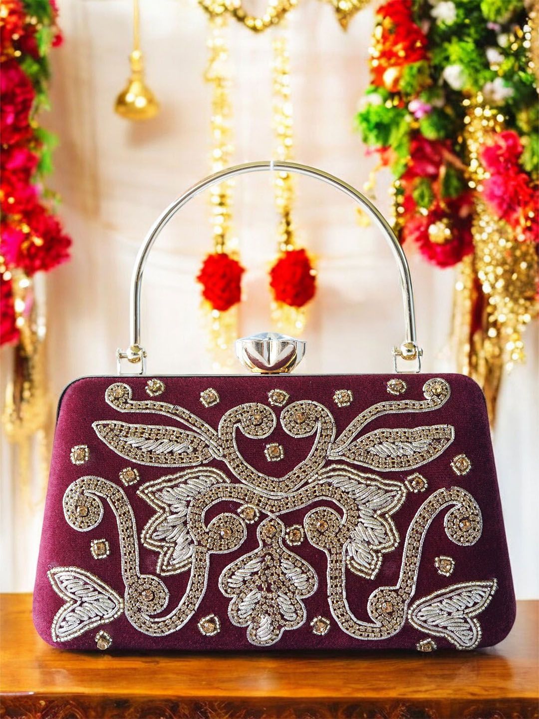 Anandi Maroon Embroidered Metal Handle & Decorative Clasp Clutch-picture-38