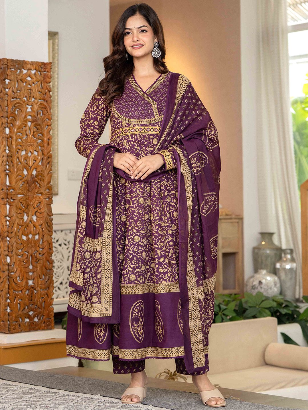 Pistaa Floral Printed Empire Mirror Work Pure Cotton Anarkali Kurta With Trouser & Dupatta