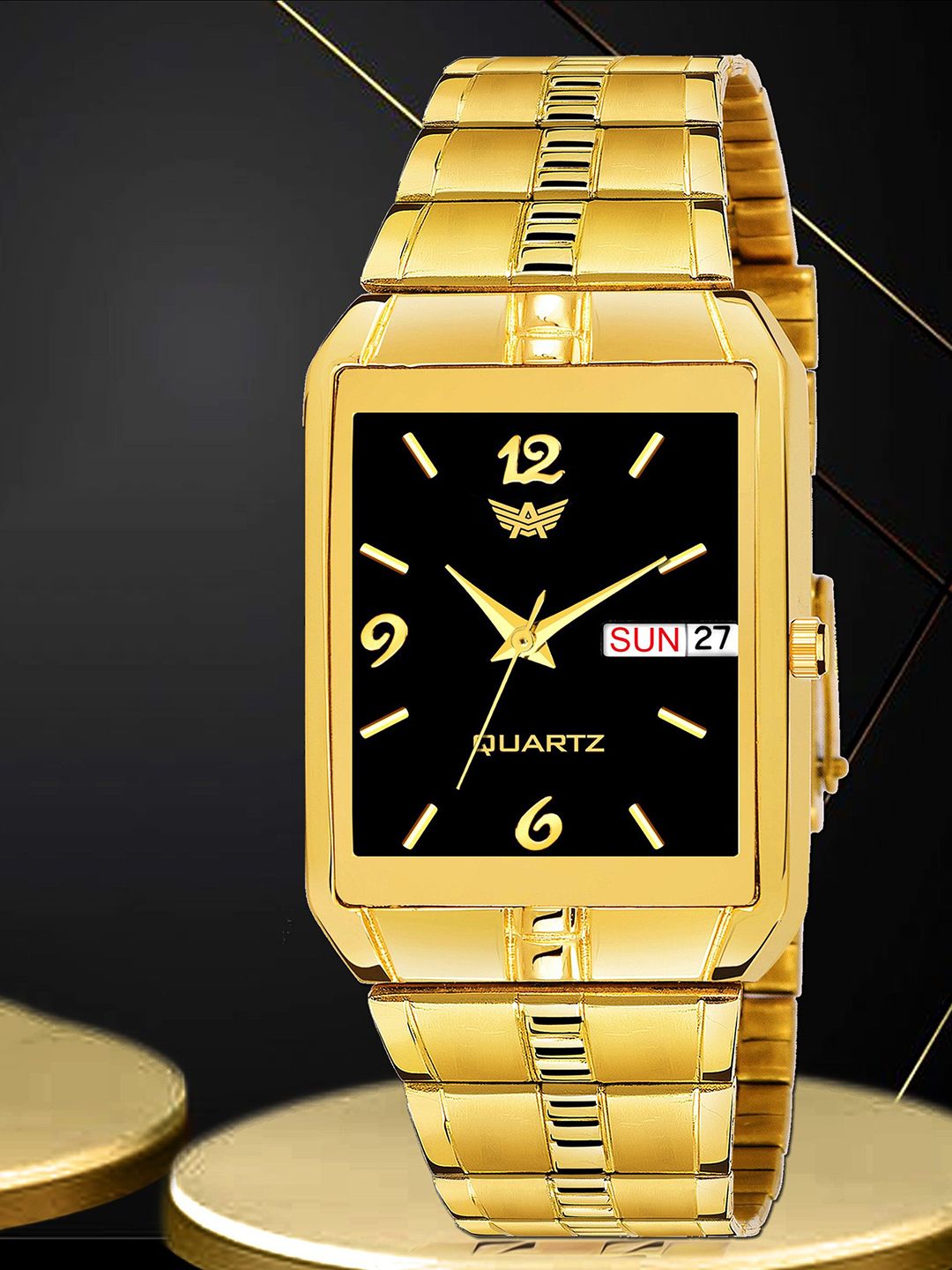 Abrexo Men Embellished Stainless Steel Bracelet Style Analogue Watch Abx9151-Black Gold +-image-21