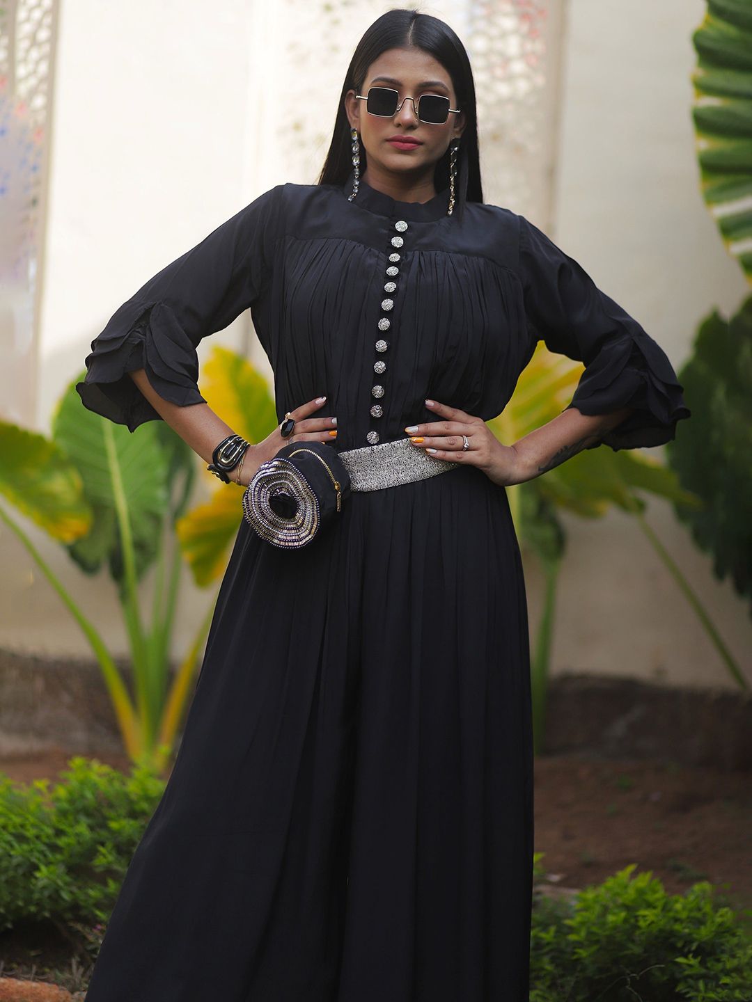 GloballyRonakRBafna Mandarin Collar Basic Jumpsuit With Bag-image-2