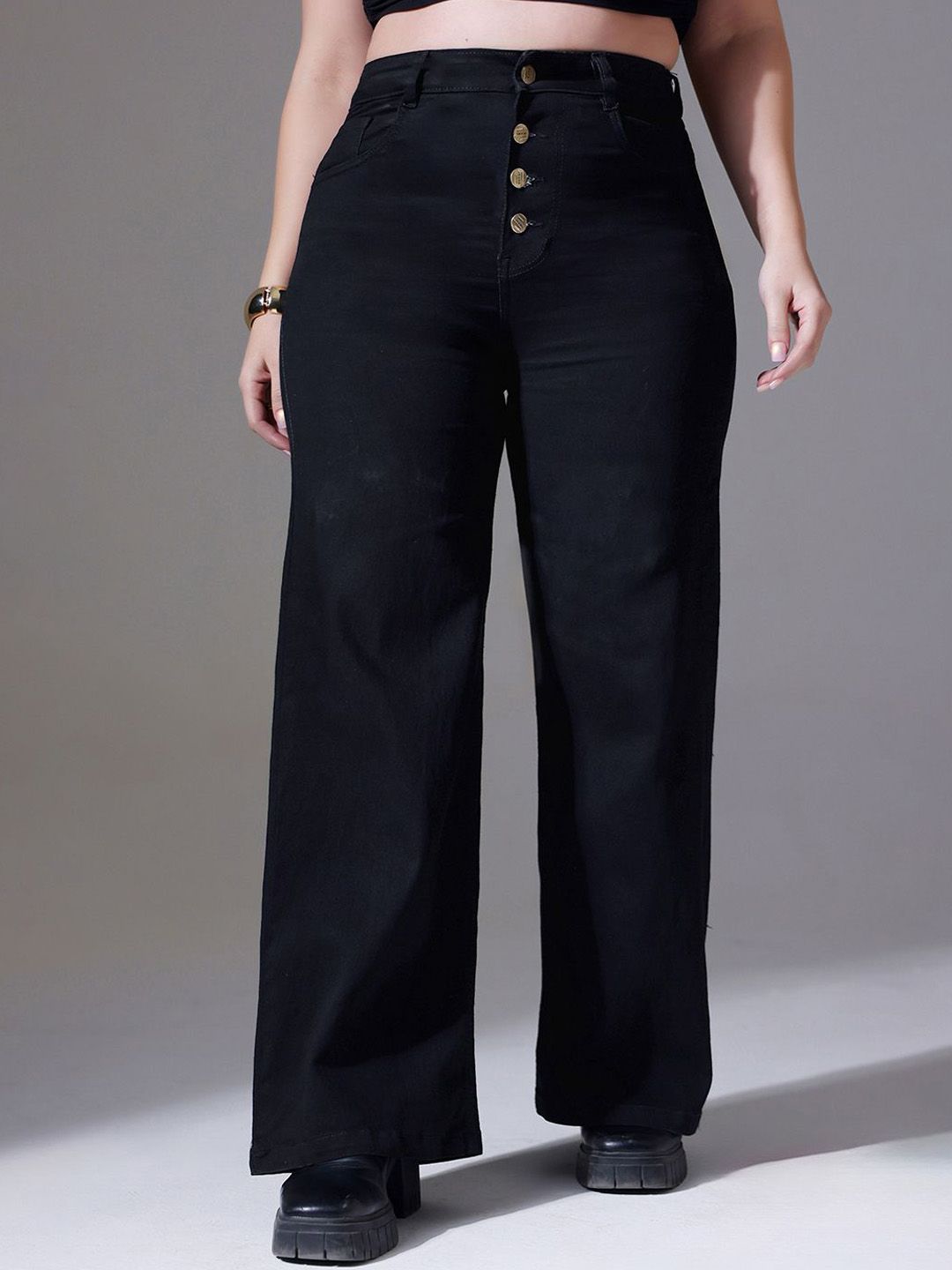 Miss Chase Women Black Wide Leg High Rise Clean Look Regular Stretchable Denim Jeans