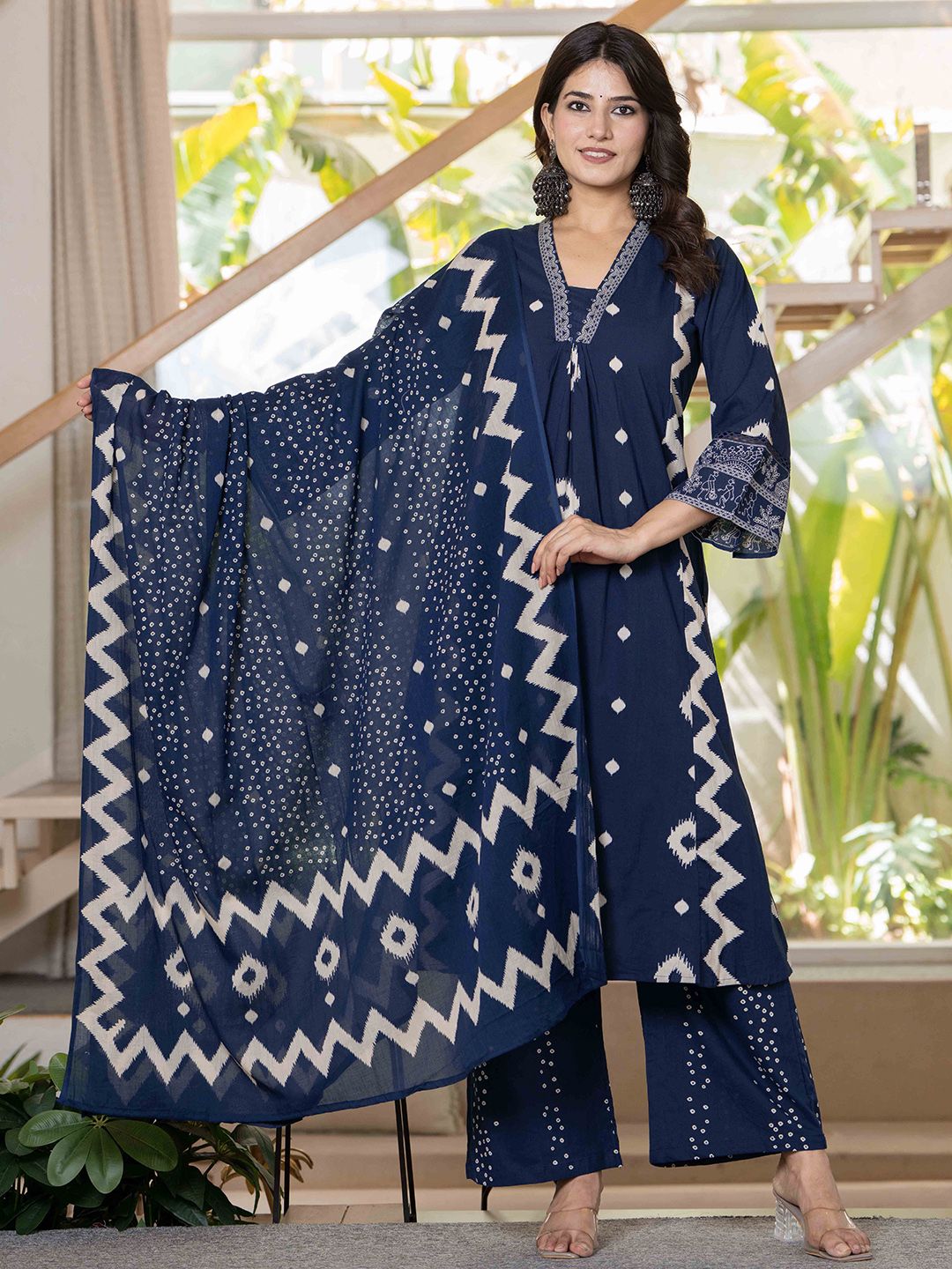 Pistaa Women Geometric Printed Pure Cotton A-Line Kurta with Palazzos & Dupatta