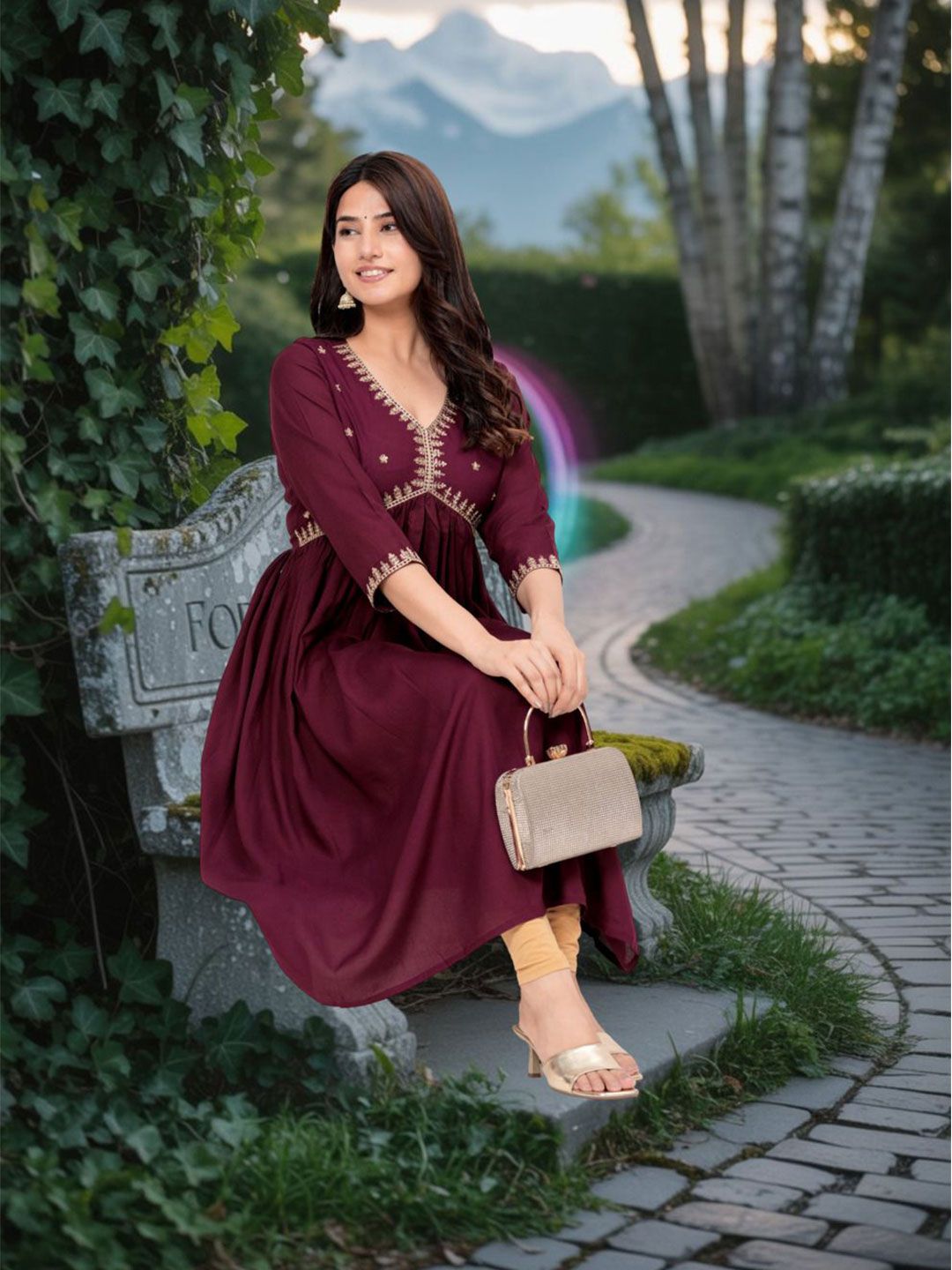 KPF Women Ethnic Motifs Embroidered Zari V-Neck Empire Anarkali Kurta-picture-42